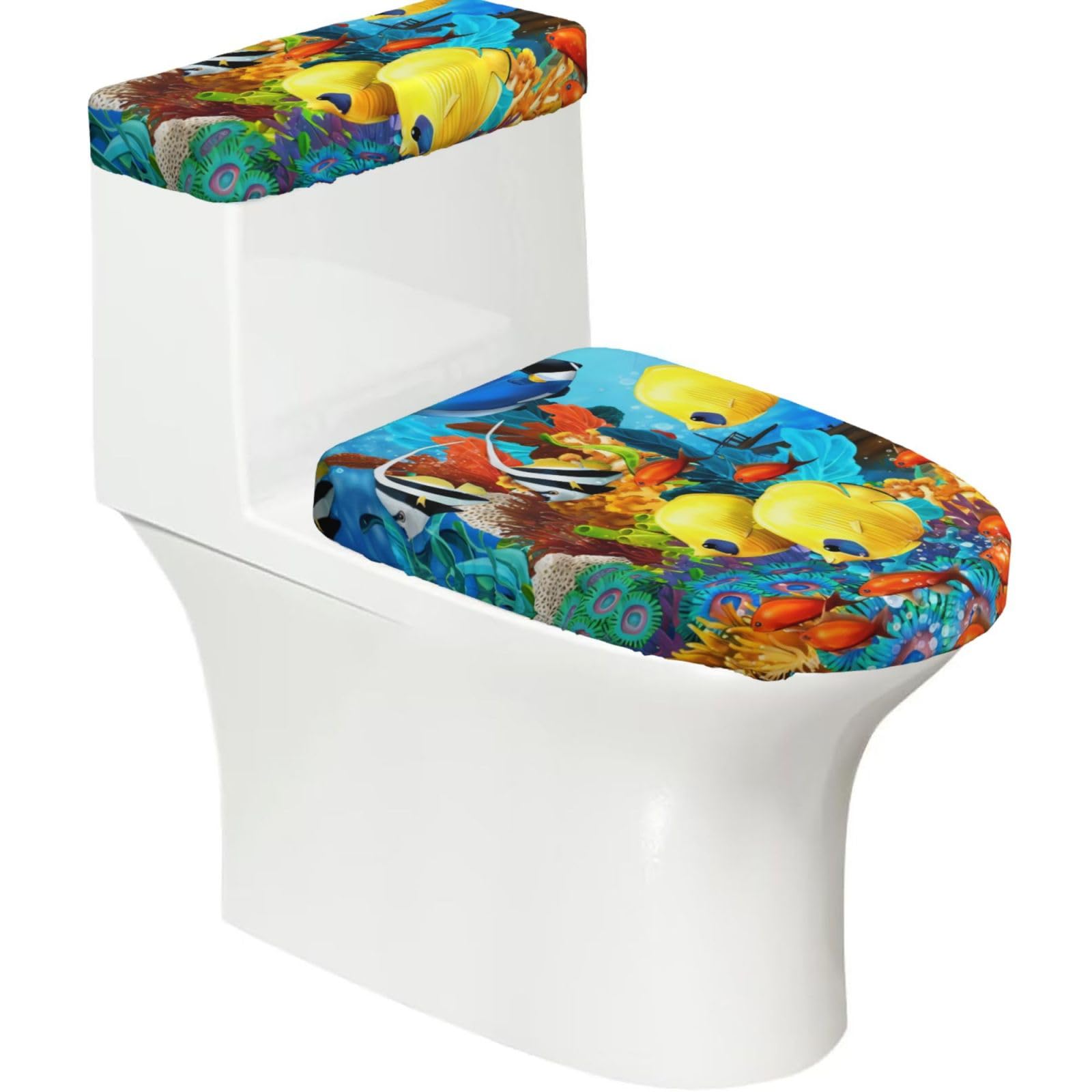 Wzycwb Black Tropical Ocean Sea Fish 2-Piece Toilet Seat Cover Set With Tank Lid, Elastic Fit For U-Shape & Elongated Toilets, Bathroom Decor, Housewarming Gift
