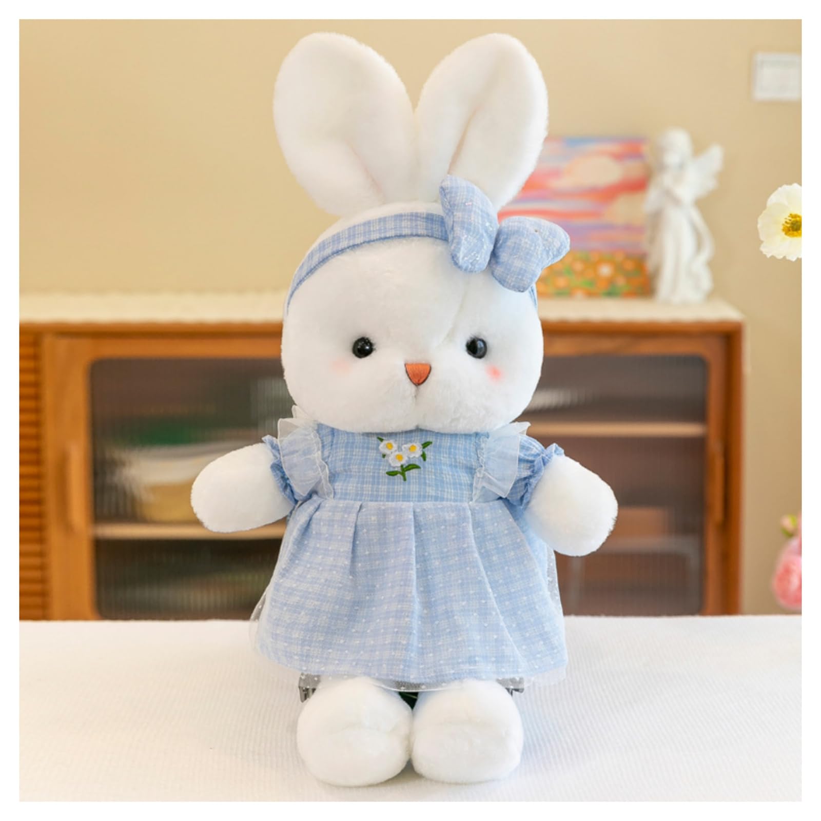 pluszowa zabawka, Uroczy biały pluszowy króliczek z różową sukienką i kokardką w kratkę, miękki królik(Blue,40cm)