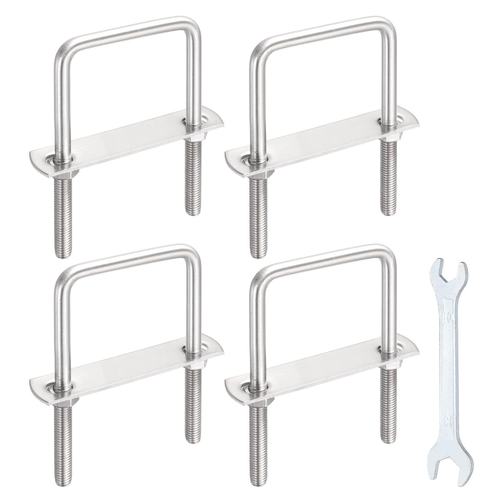 sourcing map 4 Sets M8 Square U-Bolts, 2.4"(60mm) Inner Width 2.4"(60mm) Length 304 Stainless Steel U Clamp Bolts with Nuts, Plates and Wrench for Trailer Ski Boat Fishing Boat โ image 1