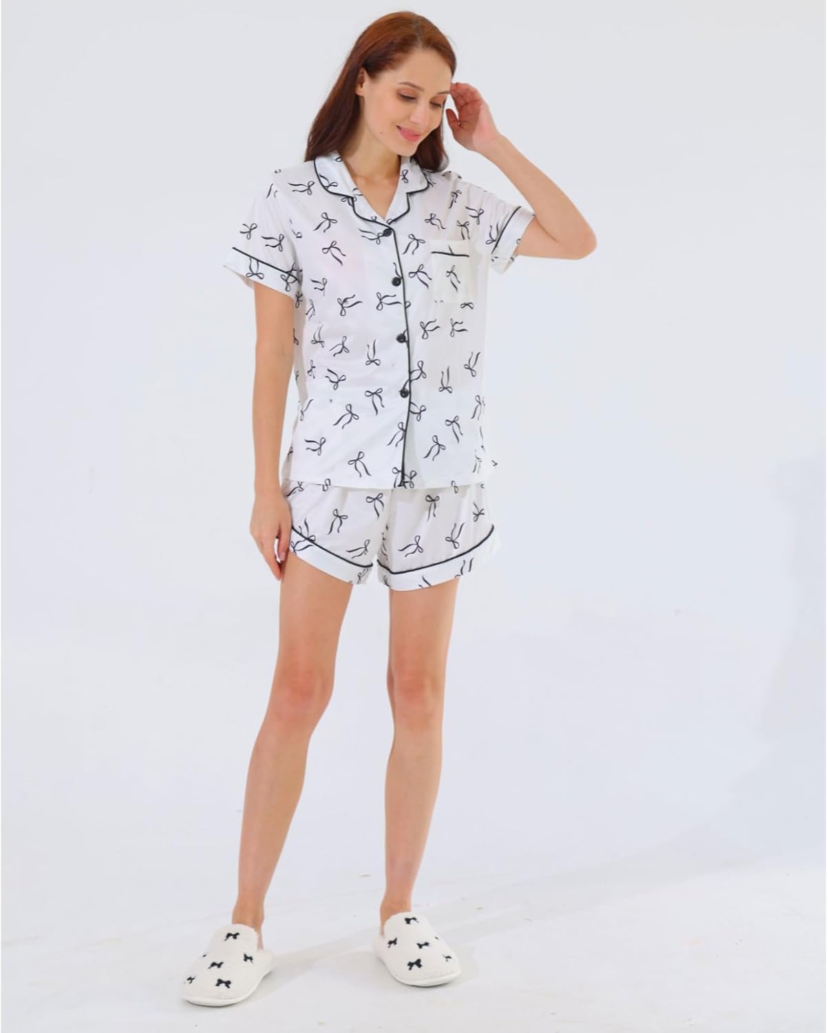 Bow Pajama - Coquette Women's 2-Piece Pajama Set, Bow Graphic Short Sleeve Button-Down Lapel Shirt & Shorts - Image 5