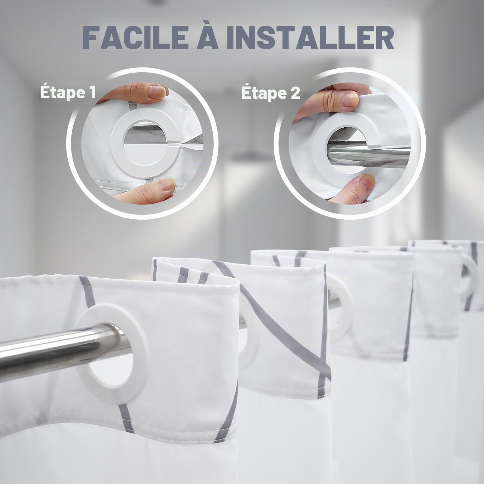 LXBNI Rideau de Douche à Rayures Grises et Blanches sans Crochet avec Doublure en Tissu – Ensemble de Rideau de Douche d'hôtel et Doublure avec fenêtre supérieure en Maille Transparente, Lavable en