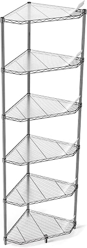Estantería de alambre de esquina de metal NSF de 6 niveles, capacidad de 600 libras, ajustable, con pies niveladores y revestimientos de estantes,