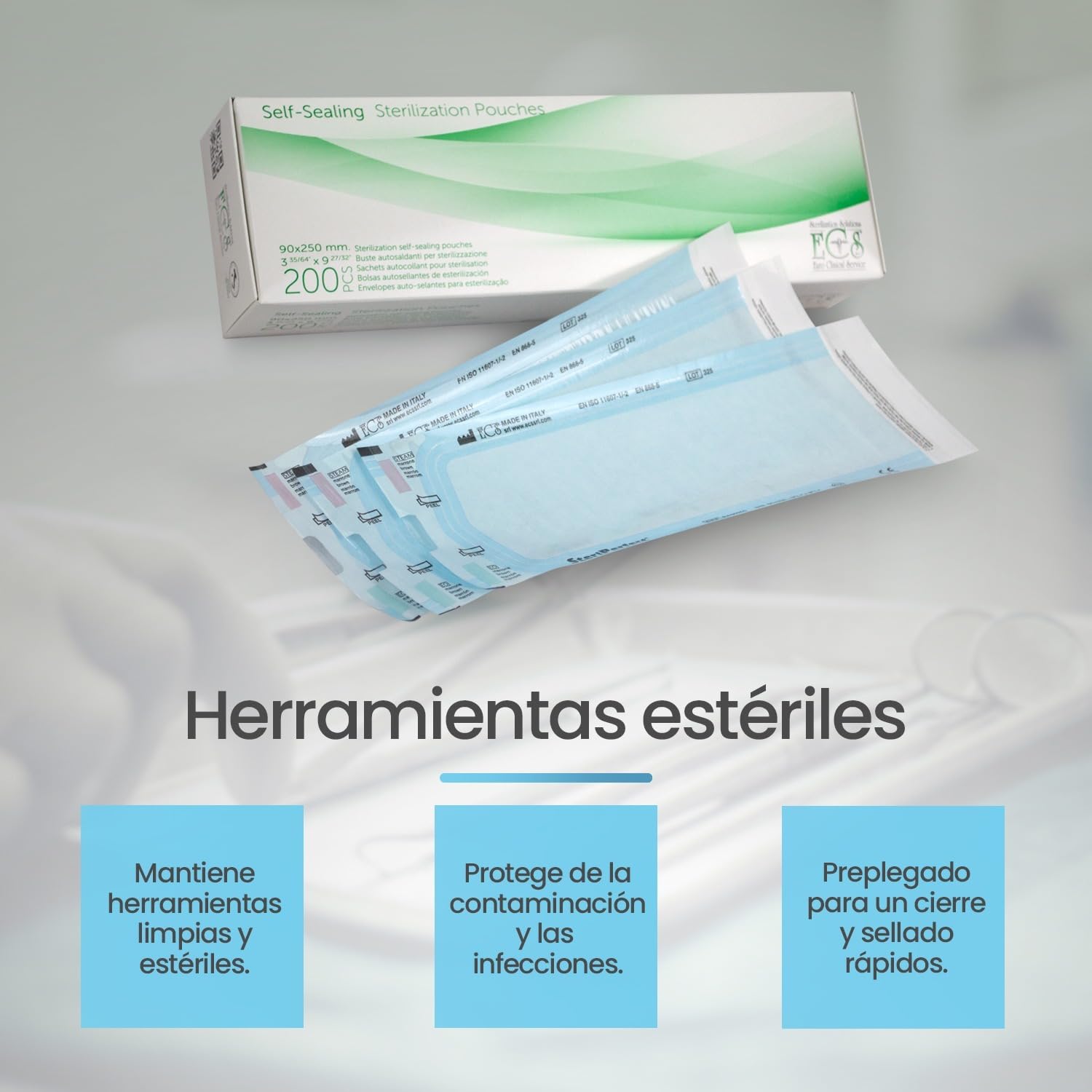 Lot de 200 sacs de esterilisation (90 * 250mm) autocollantes pour stérilisateur autoclave à vapeur, Pochettes de stérilisation pour instruments dentaires et manucure