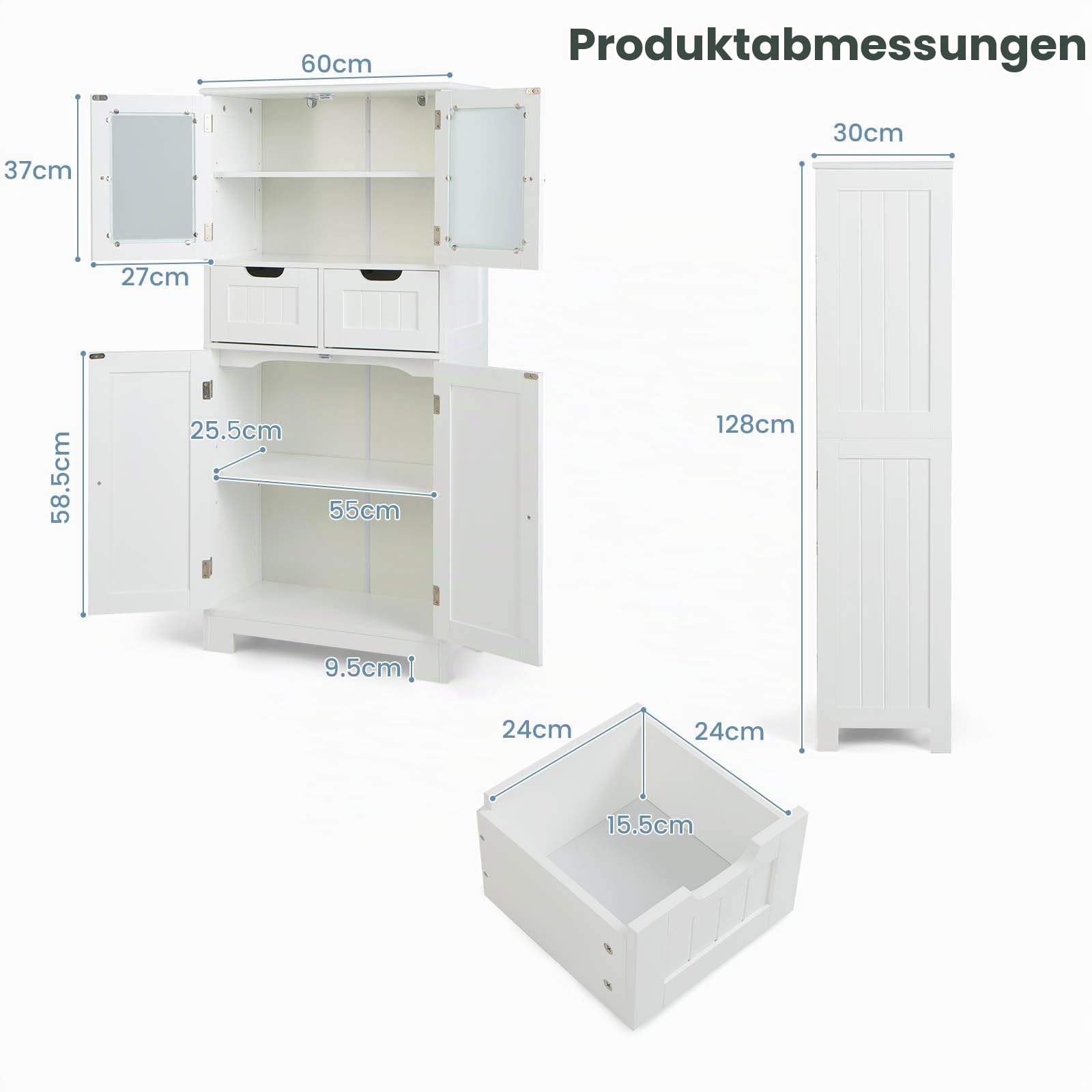 LIFEZEAL Badezimmerschrank Groß, Badschrank mit Verstellbaren Regalen, Badkommode mit Schubladen & Doppeltür, Aufbewahrungsschrank aus Holz, Multifunktionaler Seitenschrank für Küche (Weiß)