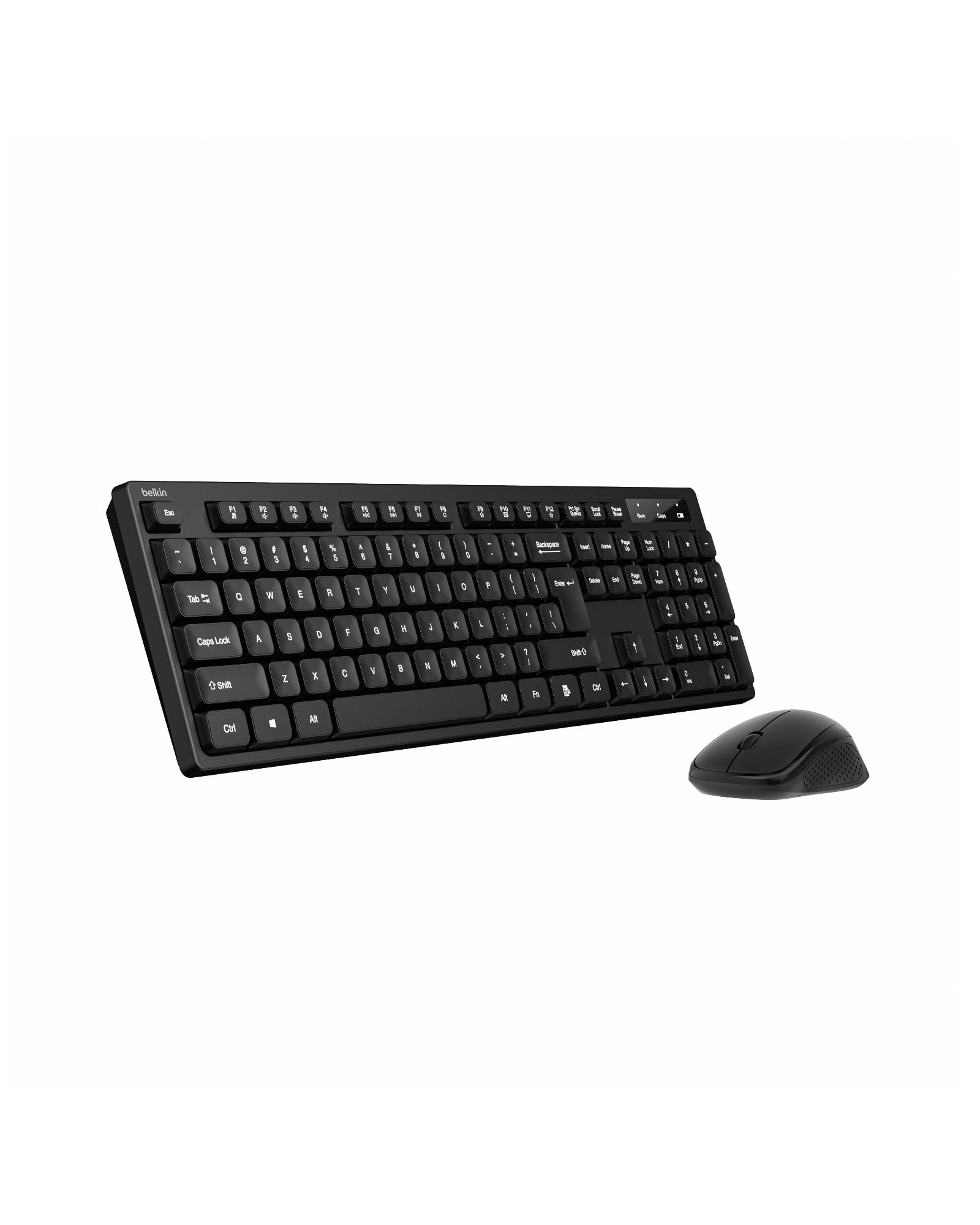 belkin wireless keyboard and mouse with usb-a receiver - keyboard set w/wireless mouse, ergonomic design for home, office, desk, compatible with laptop, pc, windows - batteries included - black