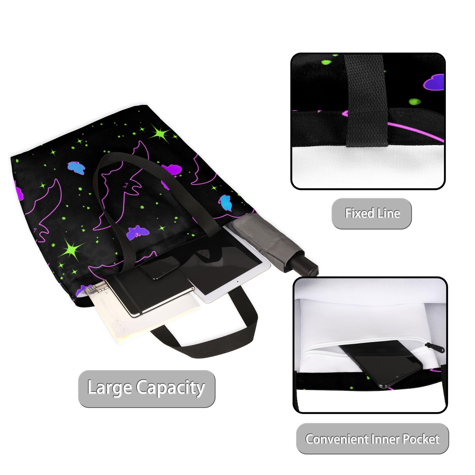 Mularoka Polka Dot Butterfly Bat Hand Painted Large Capacity Canvas Tote Bag Stylish Handheld Shoulder Bag Reusable Shopping Bag for Work Travel Beach Trips Shopping