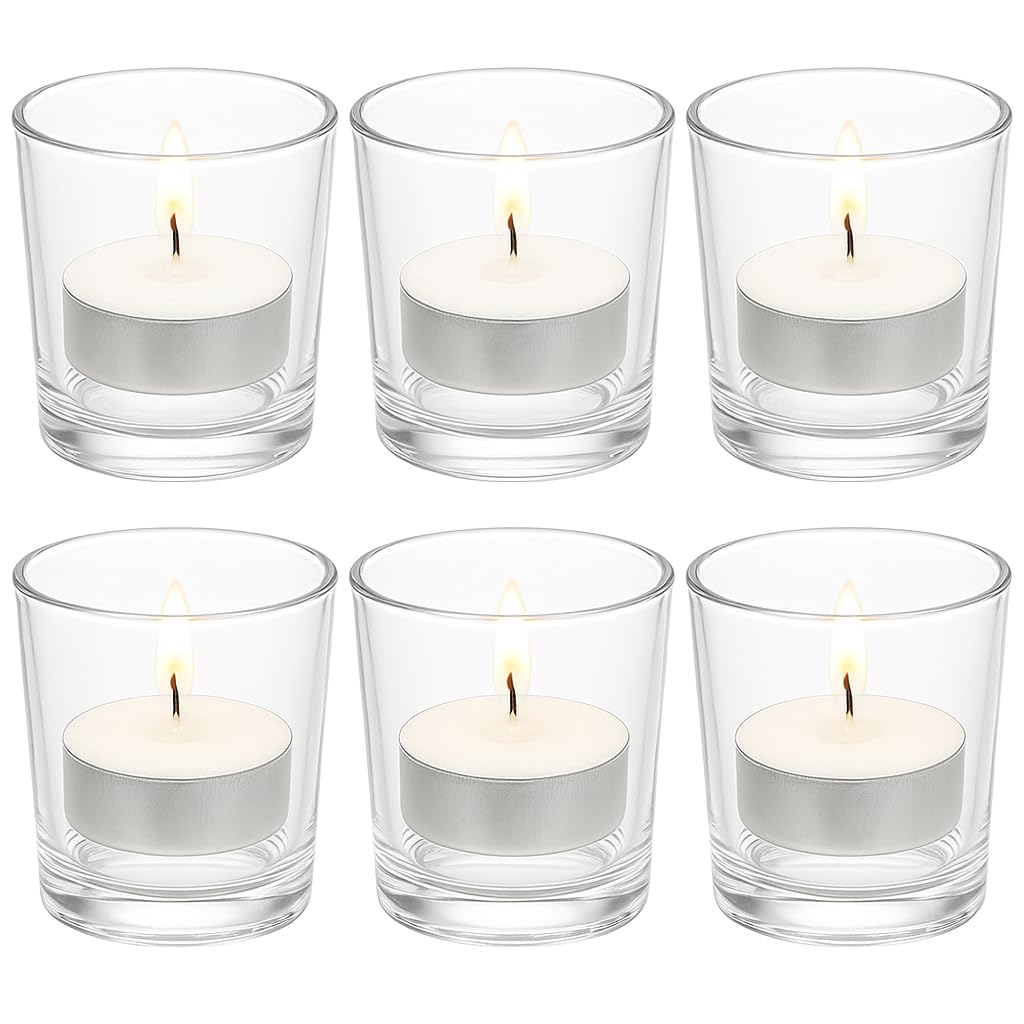 Cylinder Votive Candle Holders - Clear (Set of 6), Glass Tealight Holder for Table Centerpiece, Home Party Wedding Decorations