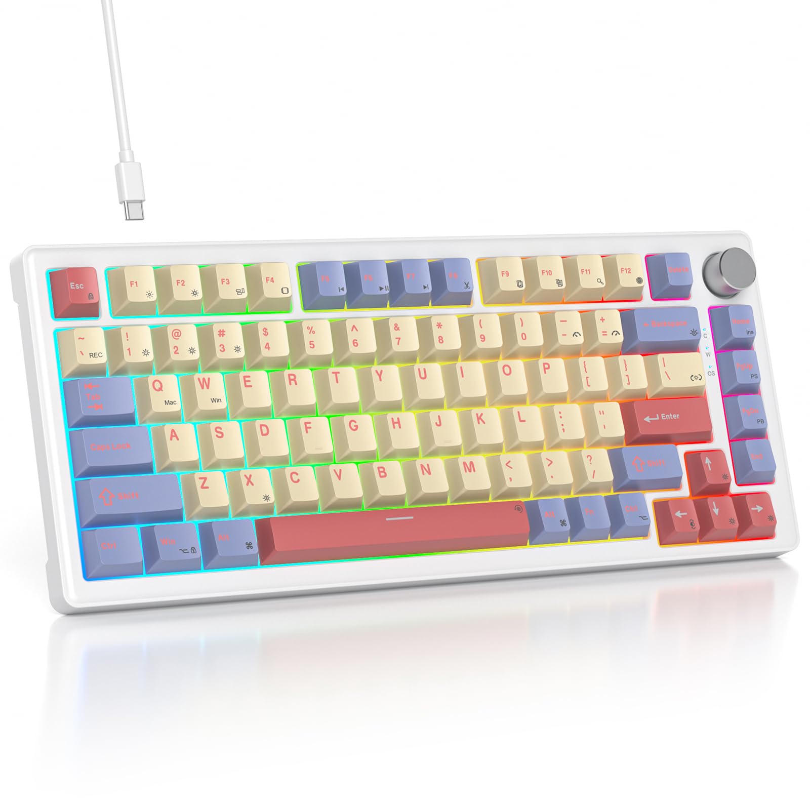 SbocKeeb 75% Mechanical Keyboard Gasket with Knob, Custom Wired Creamy Gaming Keyboard TKL 75 Percent Hot Swappable RGB Backlit, Pre-lubed Switch for Win/MAC PC Laptop（Cotton Candy/White Switch）