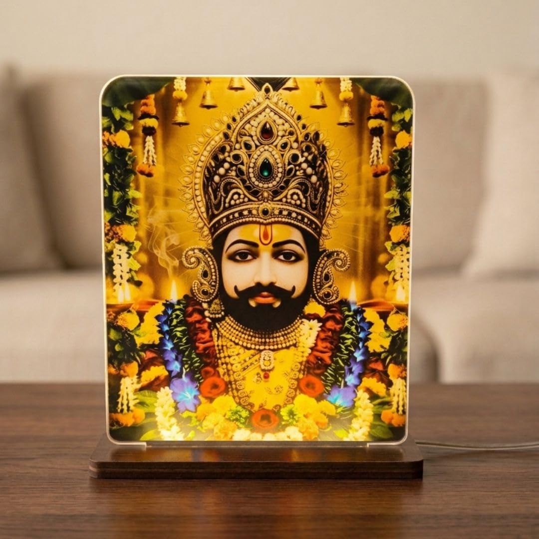 Khatu Shyam Ji LED Acrylic Table Lamp, Warm White, Wooden Base, Spiritual Home Decor, Indoor Night Light-image-2