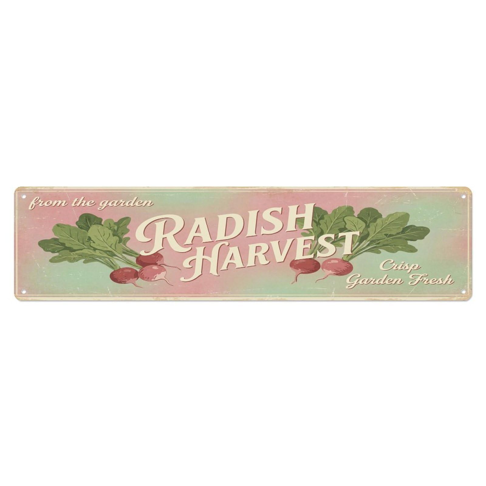 Olhnbad 4X16inch(10X40cm) Vintage Cottagecore Garden Radish Harvest Banner Metal Tin Sign