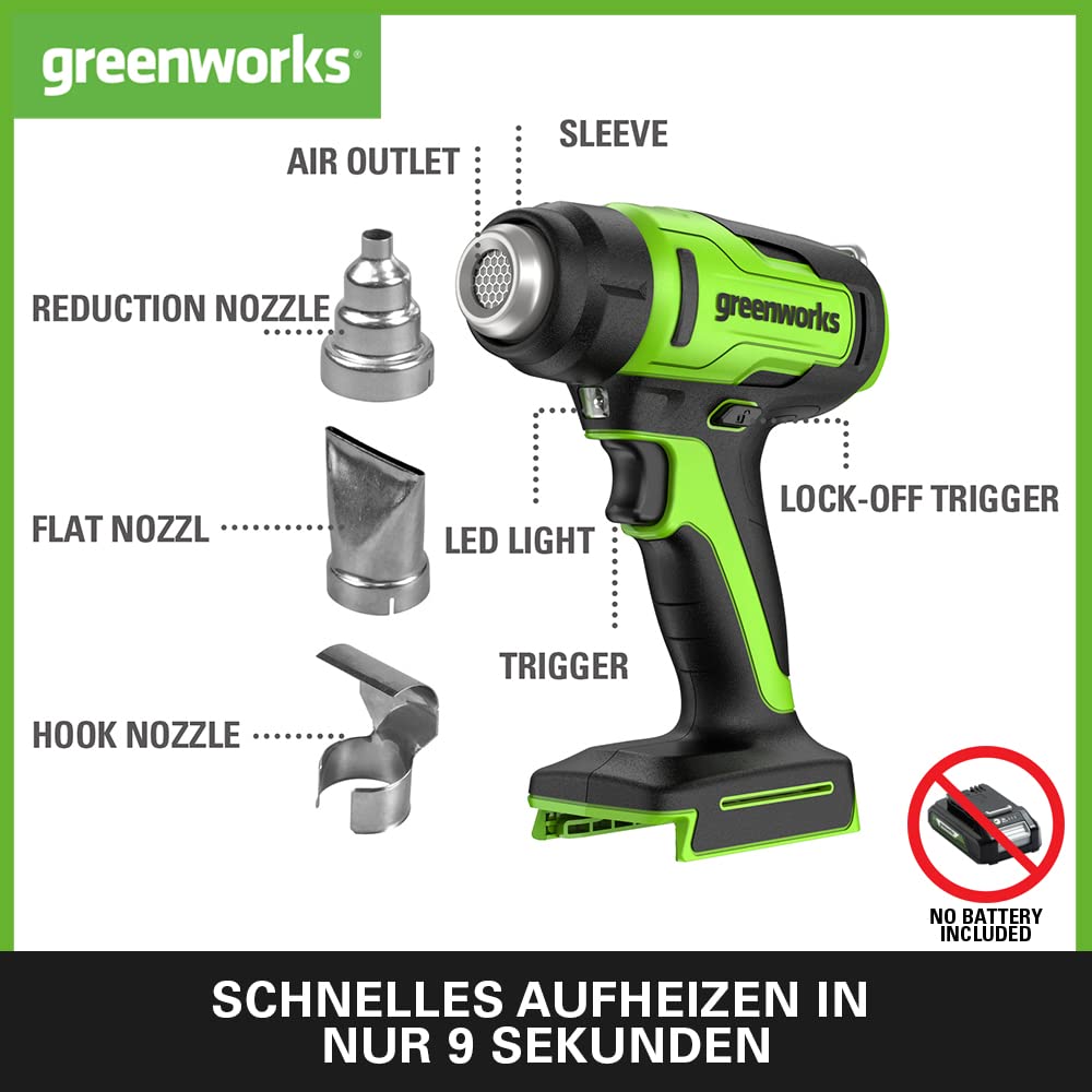 Greenworks Tools Akku-Heißluftpistole G24HG (Li-Ion 24V 580 Grad Celsius 6 CFM Luftstromvolumen 9 Sekunden Aufwärmzeit LED-Anzeige ohne Akku und Ladegerät), Green,black,grey