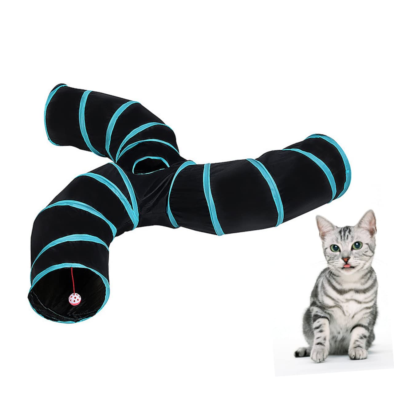 Tunnel per Gatti S a Tre Vie Pieghevole in Poliestere | Nero, Design a Righe, Portatile e Interattivo, per Gioco Felino Domestico