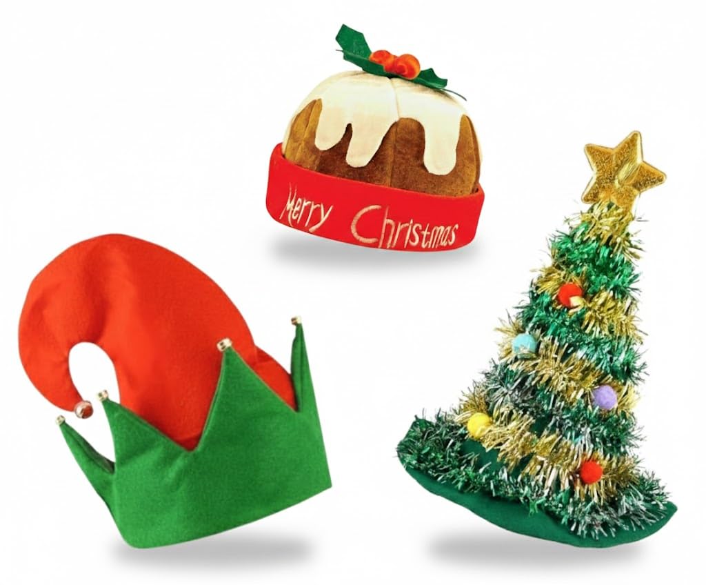 ZANGOC 3 Pack Exclusive Christmas Hats, Elf Hats with Bell Rings, Christmas Tree Hat with Tinsel and Gold Star Topper 43cm