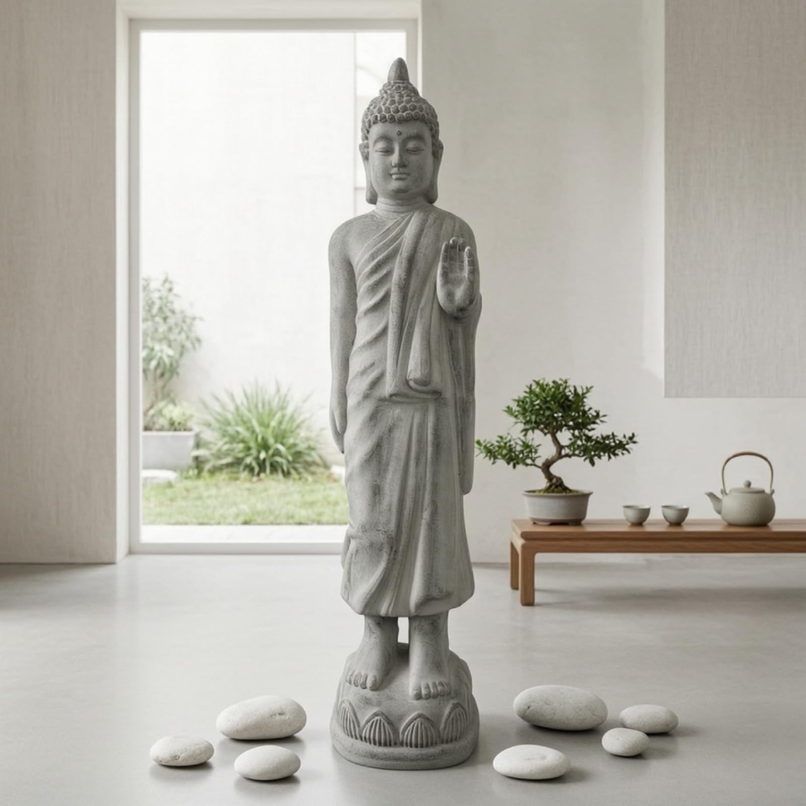 Estatua Buda Decorativa Escultura Figura Imagen con Mano Elevada en Magnesio con Detalles de Túnica y Cabello Adecuada para Meditación Altar Doméstico Entrada Sala de Estar Jardín, Color to 2