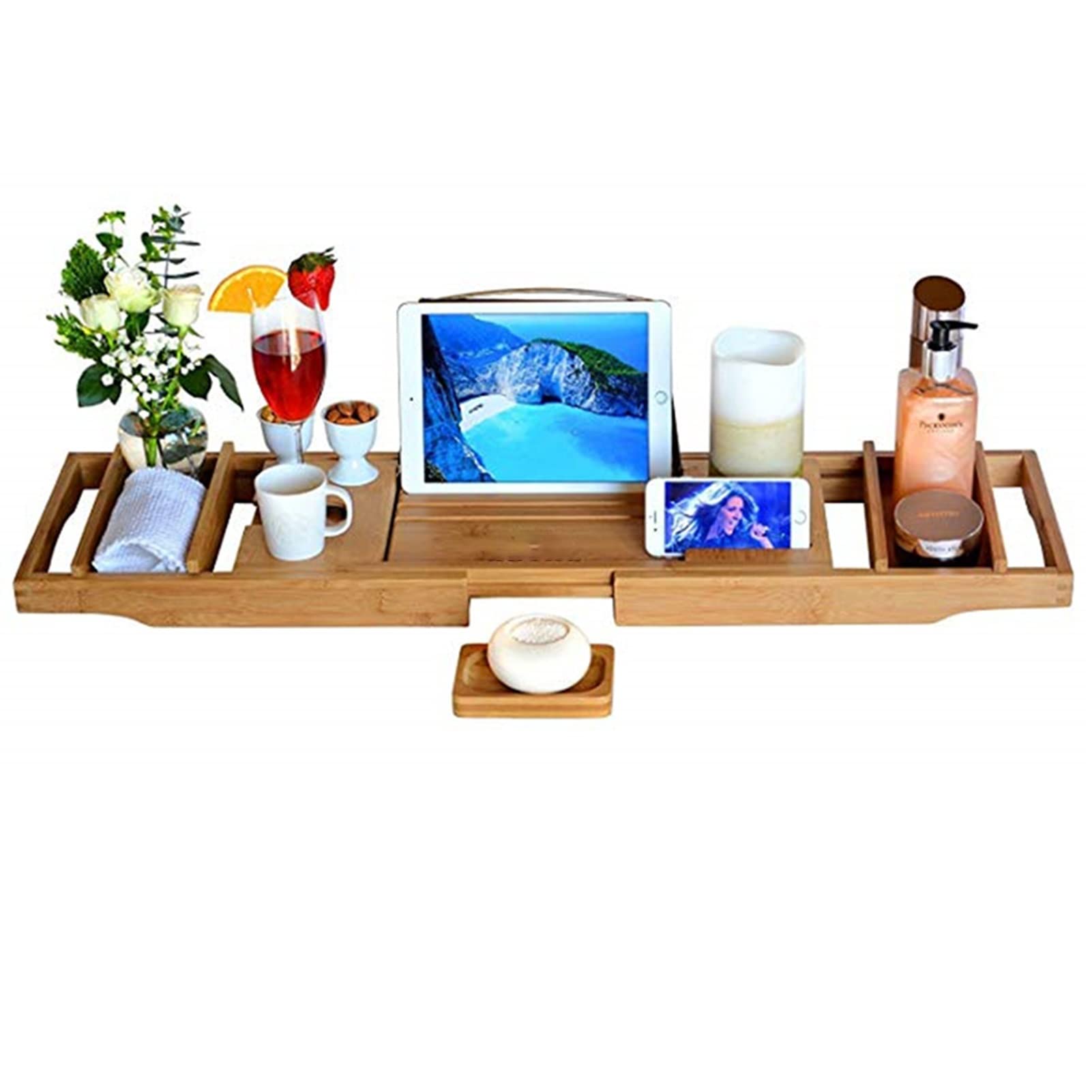 Bandeja de bañoBandeja de bambú para bañera, Bandeja de baño expandible con Soporte para Libros/tabletas y Copas de Vino, Organizador de baño para baño de Lujo (Color: Natural)