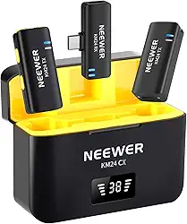 Neewer Kit de microfone de lapela sem fio USB C, compatível com iPhone 16 15 Pro Max Plus Samsung Android, microfone condensador omnidirecional duplo com cancelamento de ruído, com capa de