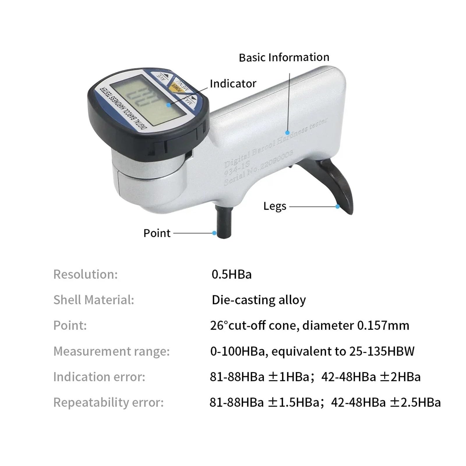 Probador de dureza de Metal y Vidrio de latón, aleaciones de Aluminio portátiles, probador de dureza Digital Barcol 934-1S