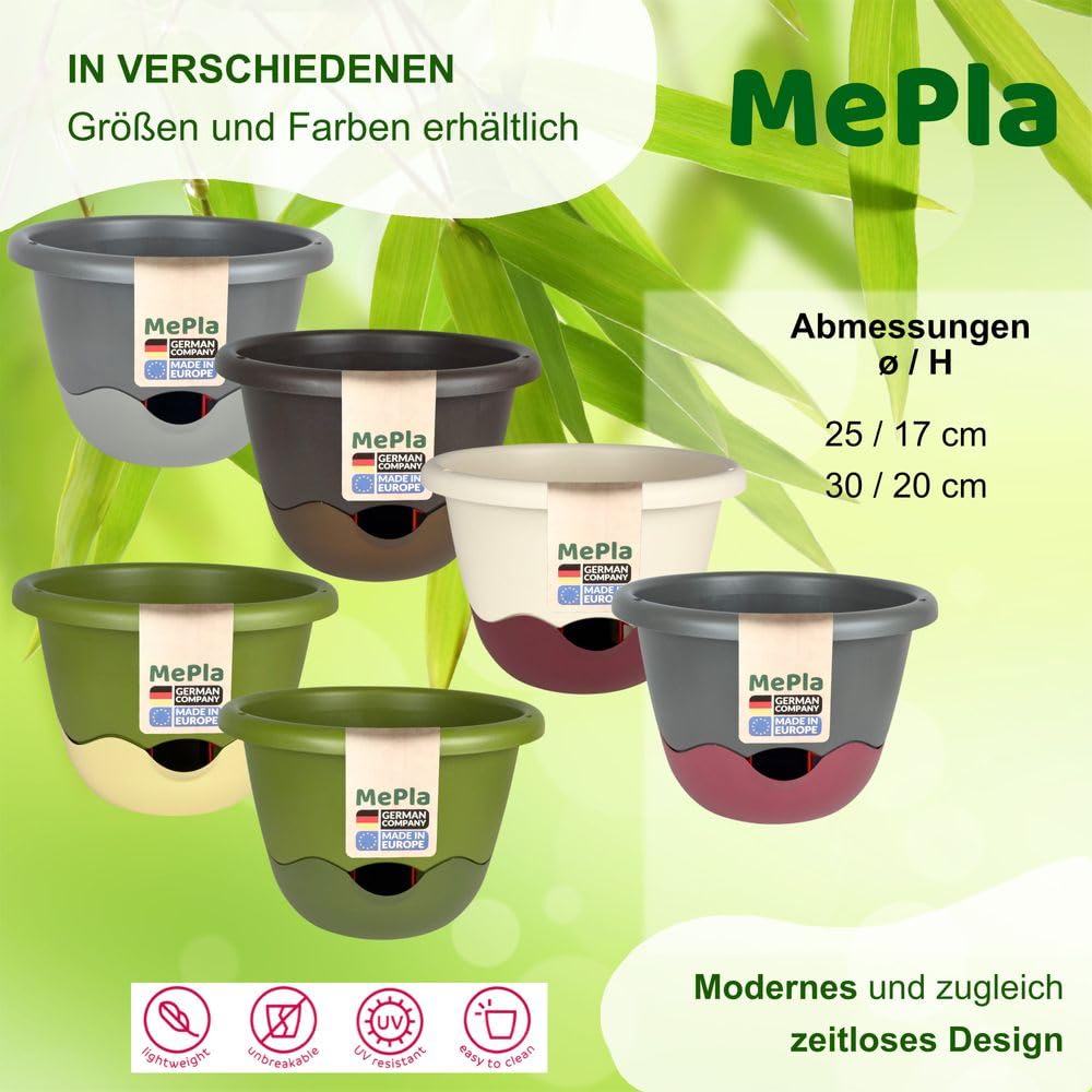 MePla - Lot de 2 pots de fleurs Mareta Ø 30 cm vert clair/vert foncé + 1 bande d'irrigation de rechange de 62 cm - Jardinière suspendue auto-arrosante avec réservoir d'eau - Résistant aux UV et aux