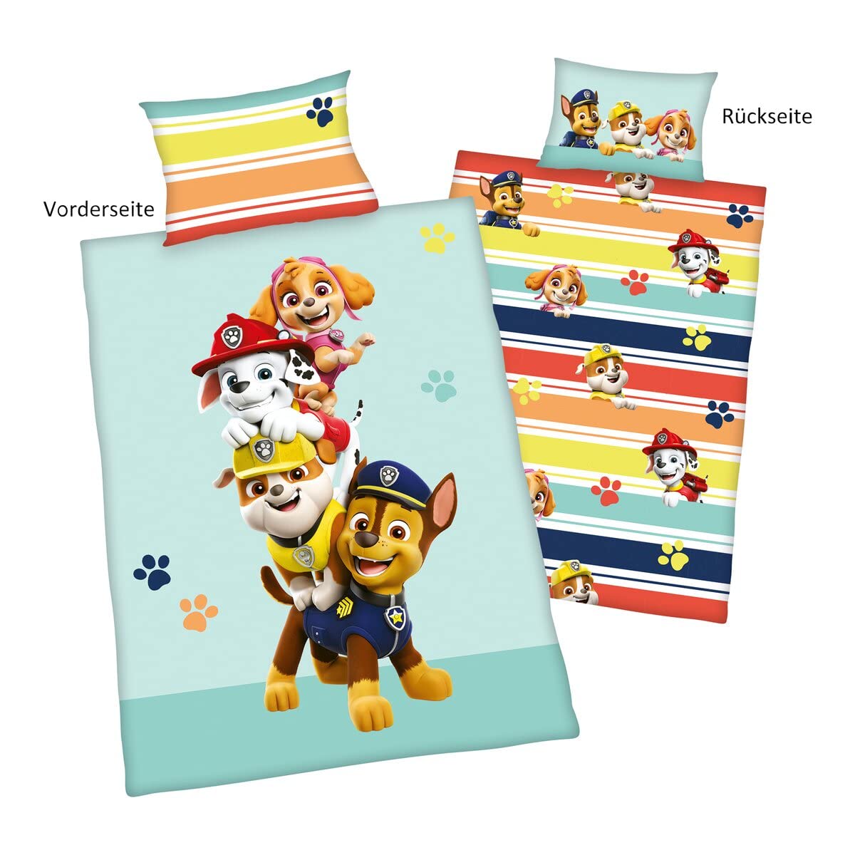 Komplet kołder Herding Paw Patrol, wykonany w kolorze zielonym, poszewka na poduszkę 40 x 60 cm z folią hotelową, poszwa na kołdrę 100 x 135 cm, łatwy zamek błyskawiczny, 100% bawełna/renforcé, wielokolorowy