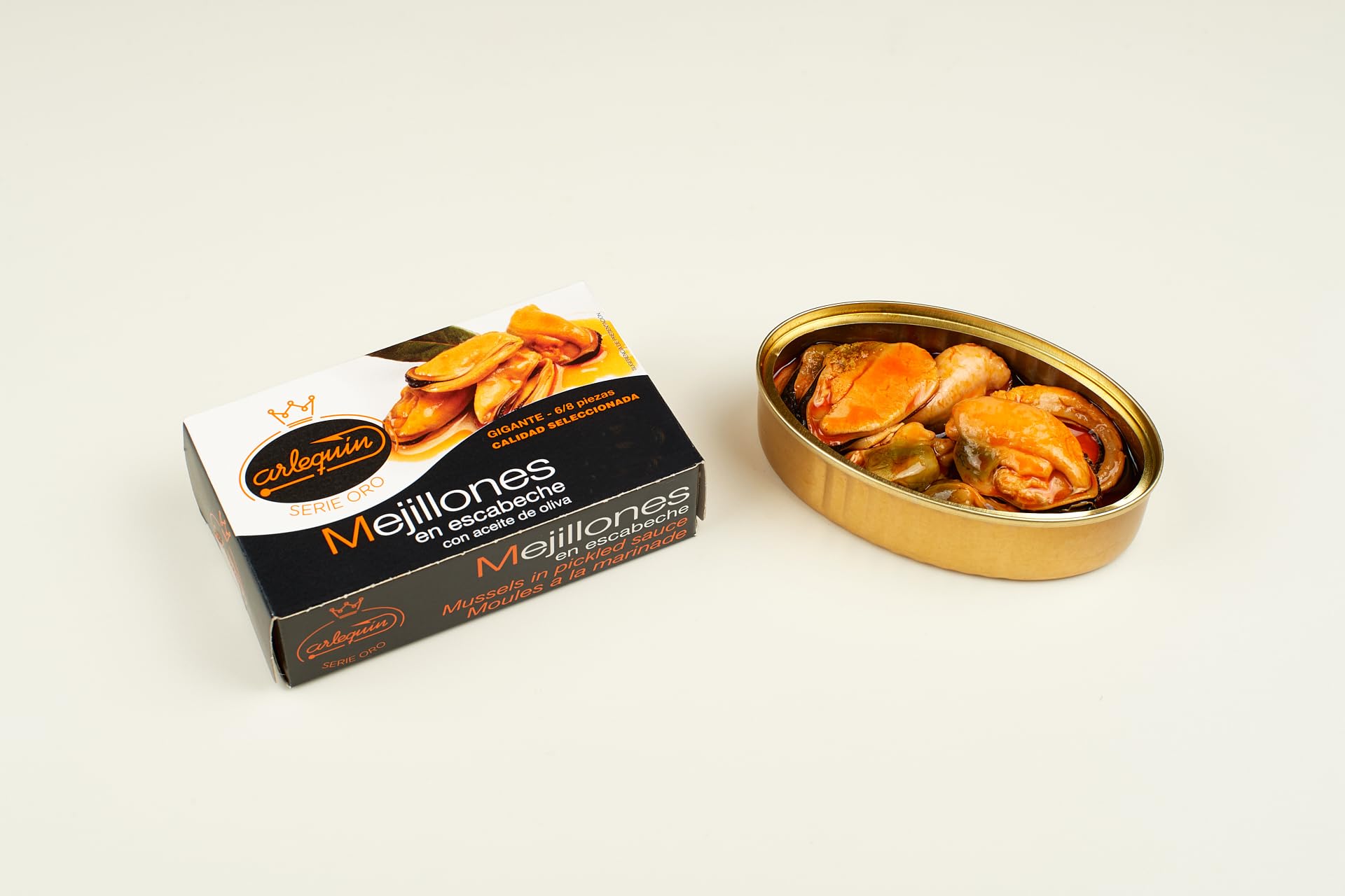 ARLEQUIN Serie Oro Mejillón en Escabeche, Pack de 4 Latas de 120 grs. y 6/8 Unds (480 grs. y 24/32 Unds)