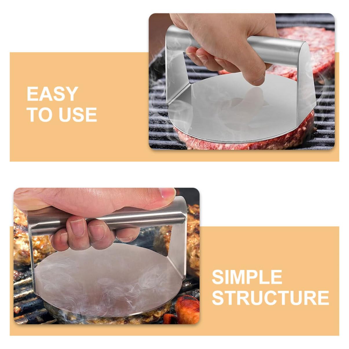 Set Utensili Bbq in Acciaio Inossidabile Legno e Silicone per Grigliata Esterna, 5 Pezzi Schiaccia Hamburger, Spatola e Boccetta per Condimenti