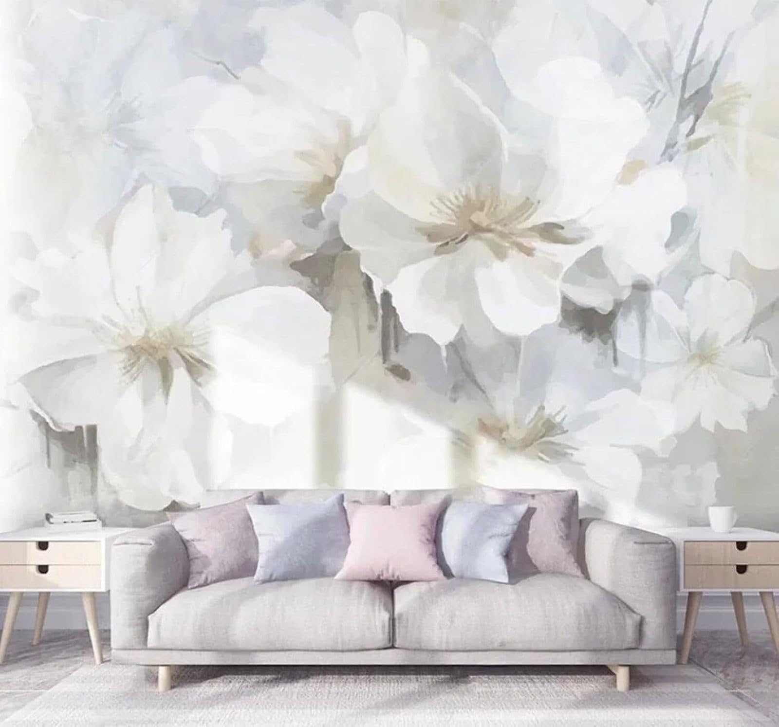 Xlming 350Cm×256Cm(B×H) Hand Drawn Minimalist Beautiful White Flowers 3D Wallpaper Luxury Home Dining Decor Paste Sofa Living Room The Wall For Bedroom Mural-350Cm×256Cm