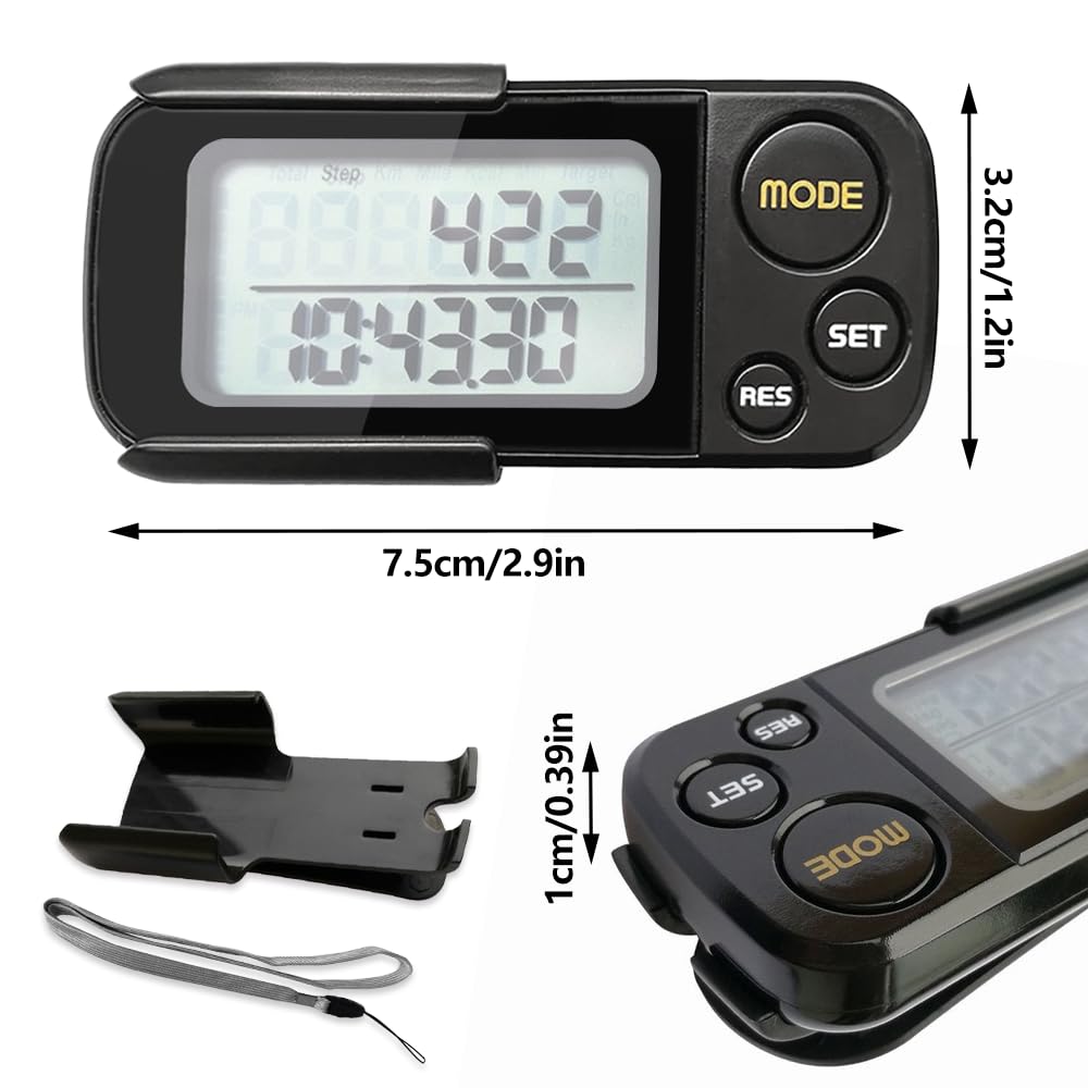 Podomètre Marche 3D, Compteur De Pas Distance Calories Horloge avec Clip et Lanière Podomètre Numérique 3D Portable Pas de Bluetooth 30 Jours de Mémoire pour Femme Homme Enfant, Noir