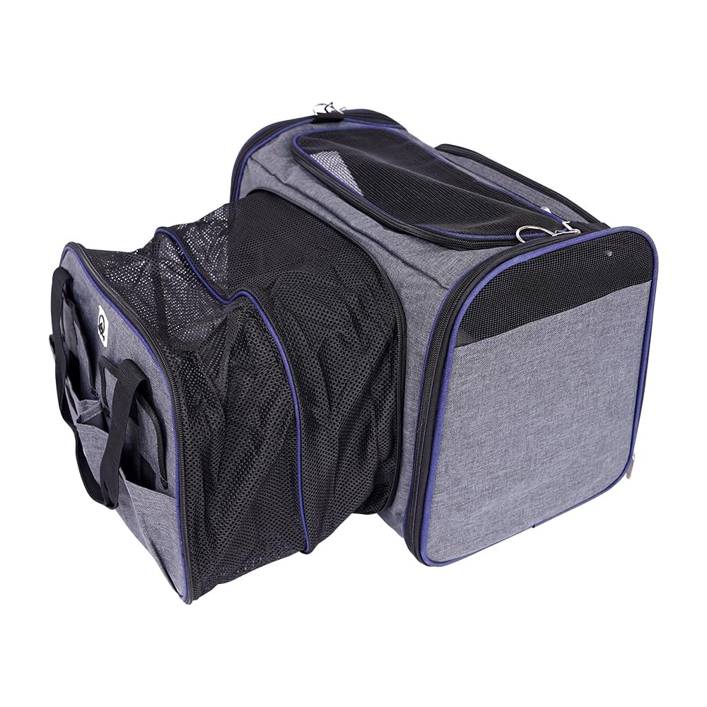 Transportín Perro y Gato Bolso Portaperro Transpirable para Mascota Transportadora de Viaje Ventilación Bolsillos Laterales Dos Puertas con Correa para Coche (Gris, 28x33x42cm)