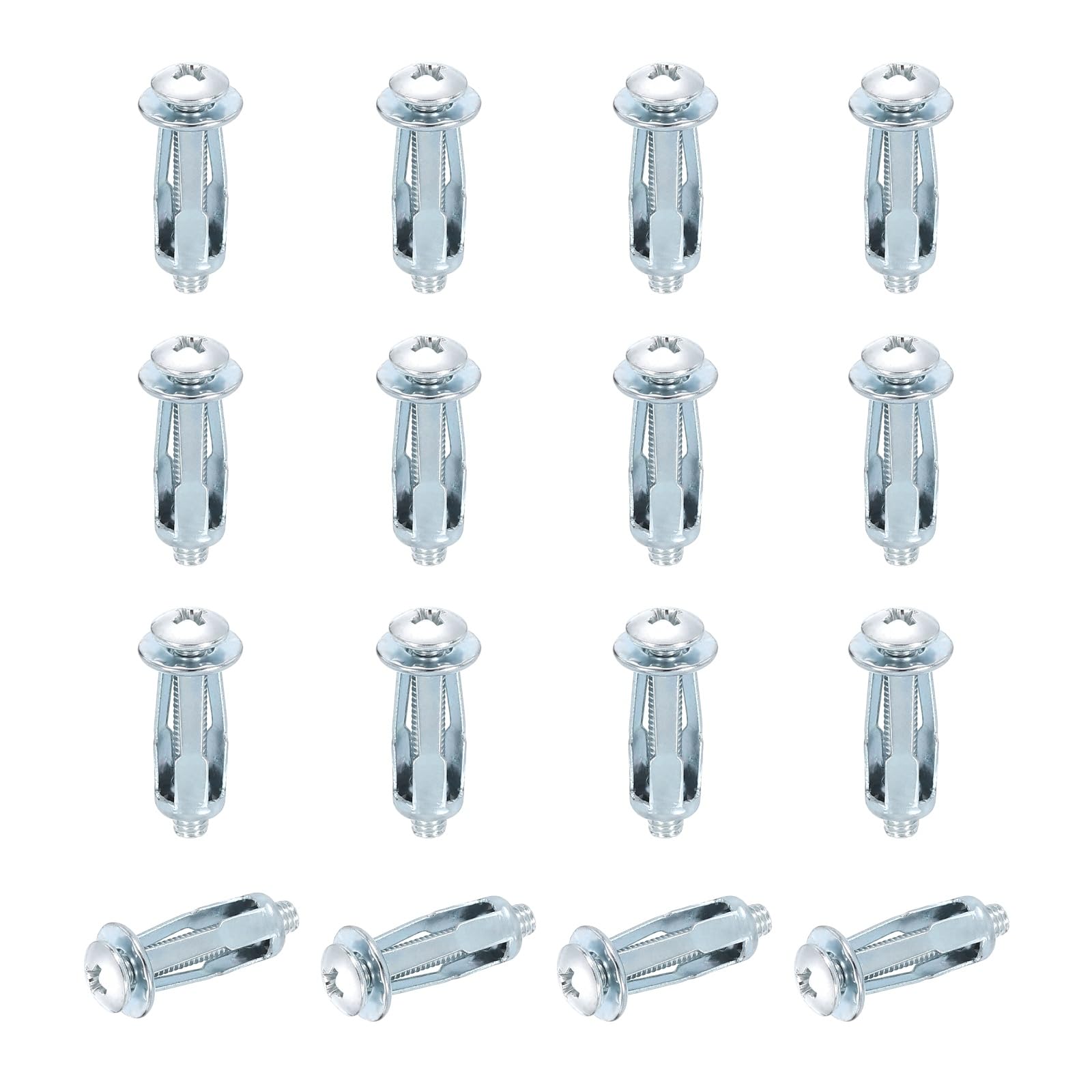 sourcing map Steel Hollow Wall Anchors Screws, 16Pcs M4x28mm Plasterboard Fixings Screws, Molly Bolt Hollow Drive for Drywall, Brick, Wood Doors, Thin Metal, Concrete, Masonry, Silver