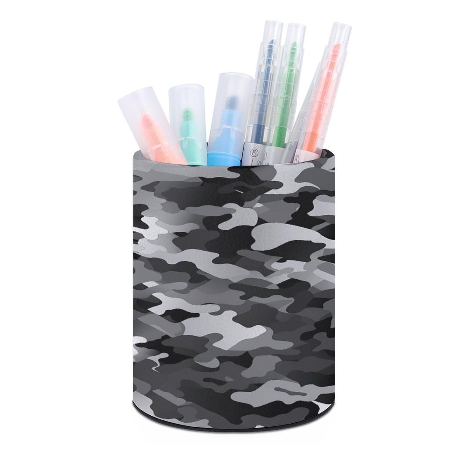 VstaDank Black White Gray Camouflage Pen Holder PU Leather Pencil Cup Minimalist Desk Pencil Holder Round Make Up Brush Organizers For Office Dorm Room&Vanity Desk Accessories