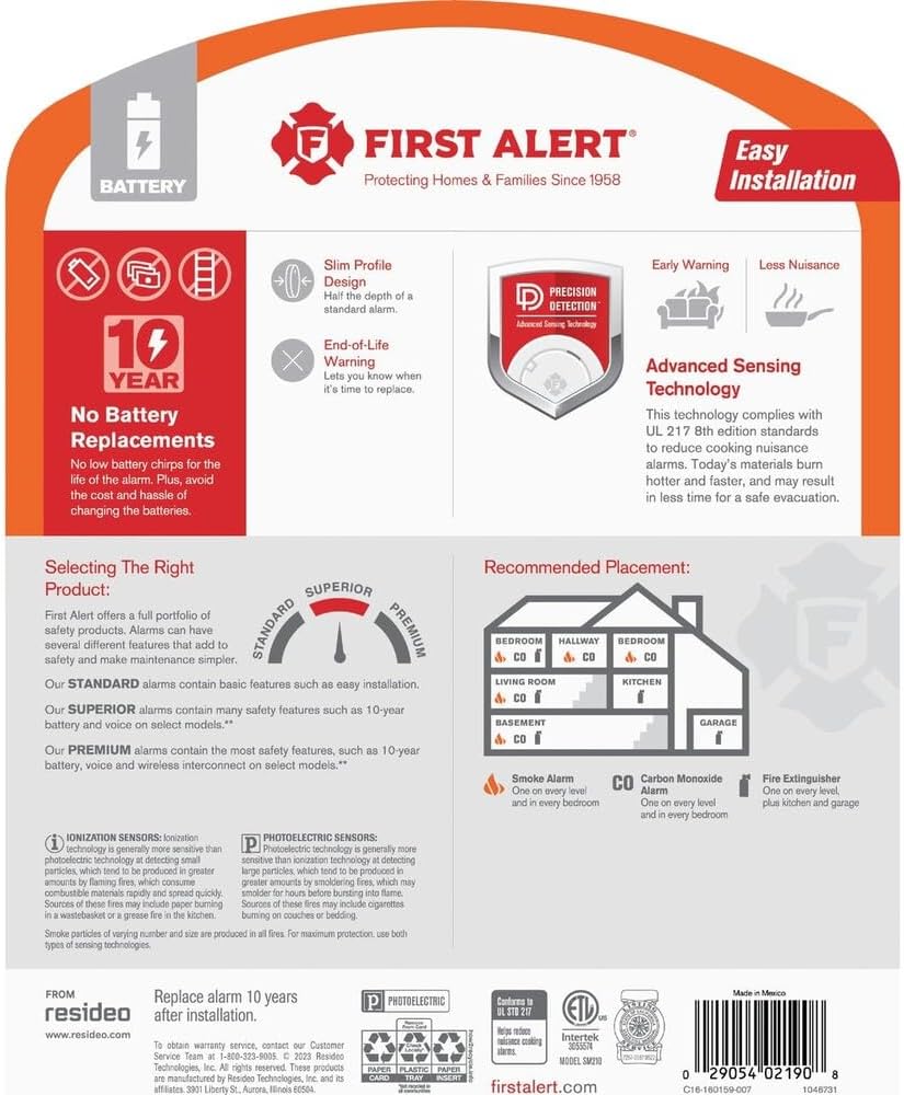 First Alert 10 Year Slim Battery-Powered Photoelectric Smoke Detector