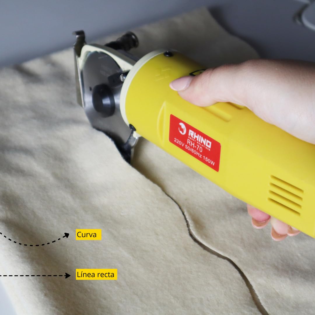 RHINO Smart Solutions RH-70 Cortador de Tela Industrial Eléctrico con Cuchilla de 70mm y Grosor Máximo de Corte 25mm | Cutter Electrico para Manualidades, Telas, Cuero | Corte Recto y Curvas
