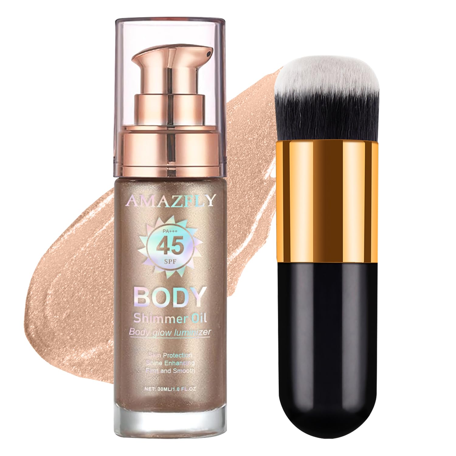 Shimmer Body Oil, SPF 45 Broad Spectrum, Sunscreen Face and Liquid Luminizer Waterproof Moisturizing, Light Shimmer Glow Illuminator, Smooth Body