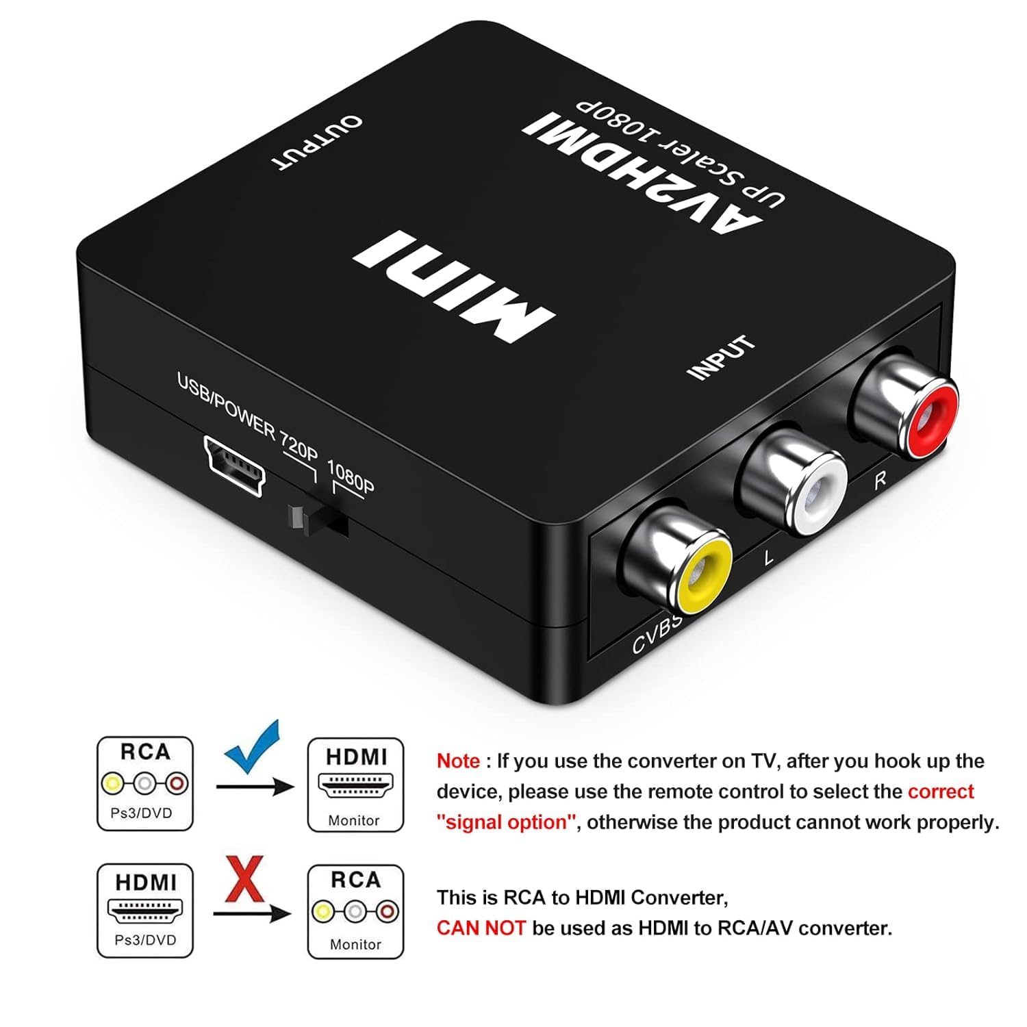 RCA to HDMI Converter, 1080P Mini RCA Composite CVBS AV to HDMI Video Audio Converter Adapter for PC Xbox PS4 PS3 VHS VCR DVD TV STB Support PAL/NTSC with USB Power Cable — view 5