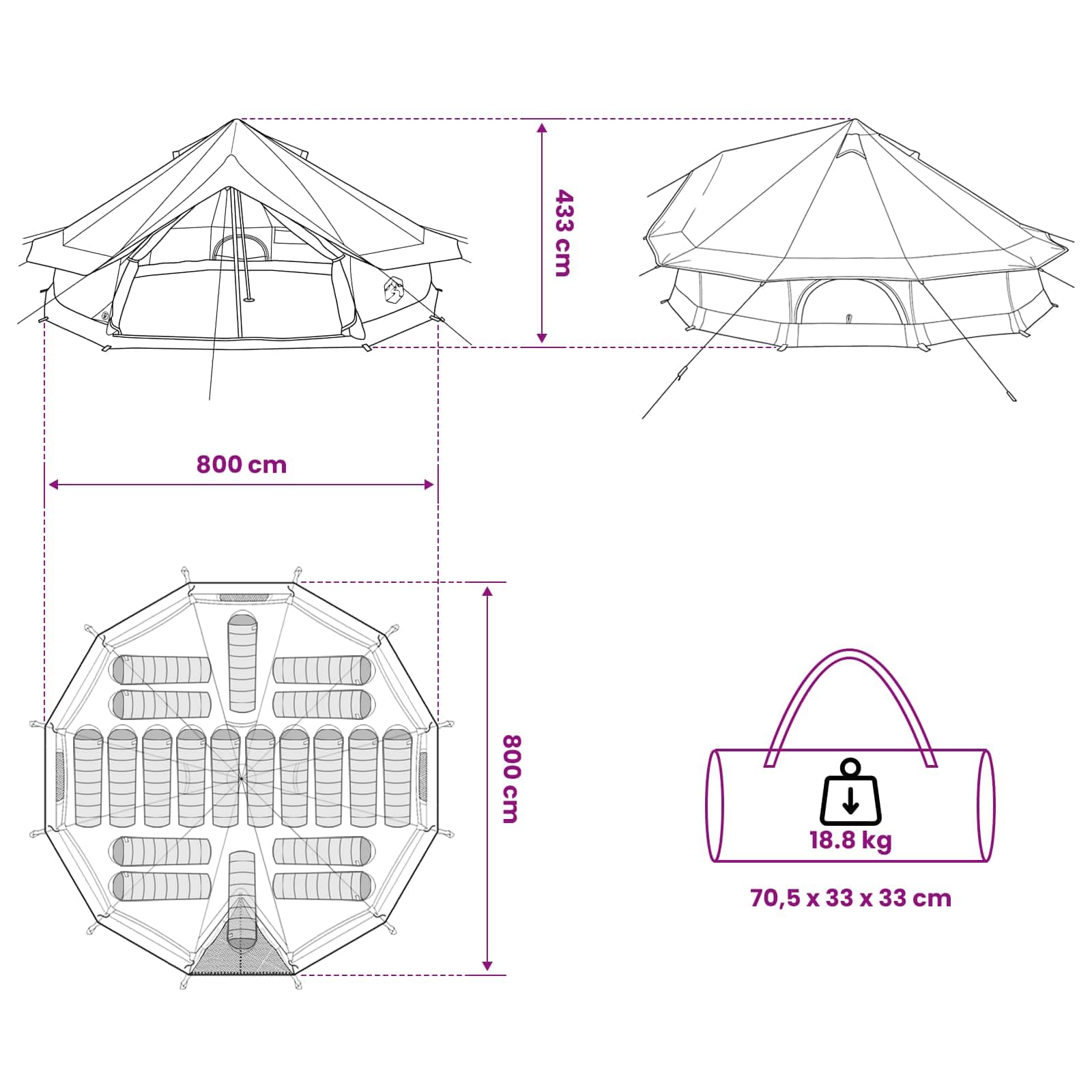 Namiot Tipi zielony, 800 x 800 x 430 cm, z poliestru i stali, namiot samorozkładający z dachem, składany, na kemping, kemping, festiwal, plażę i do podróży na świeżym powietrzu