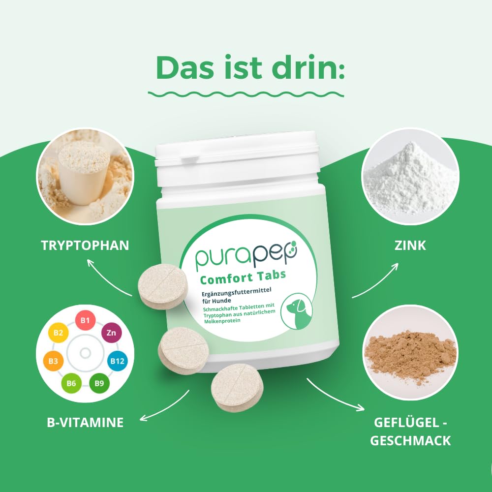 Comfort Hunde Tabs – Natürliches Beruhigungsmittel mit Tryptophan, Magnesium & B Vitaminen – Ideal bei Stress, Angst & Silvester – Für entspannte Hunde in jeder Situation | 120 Tabs
