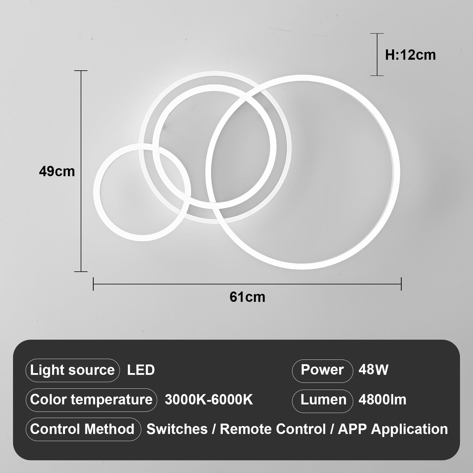 BLMYL Lampada da soffitto a LED dimmerabile, 3000 K – 6000 K, 48 W, 4800 lm, lampada da soffitto da 61 cm, anelli a LED, per camera da letto, cameretta dei bambini, cucina, corridoio