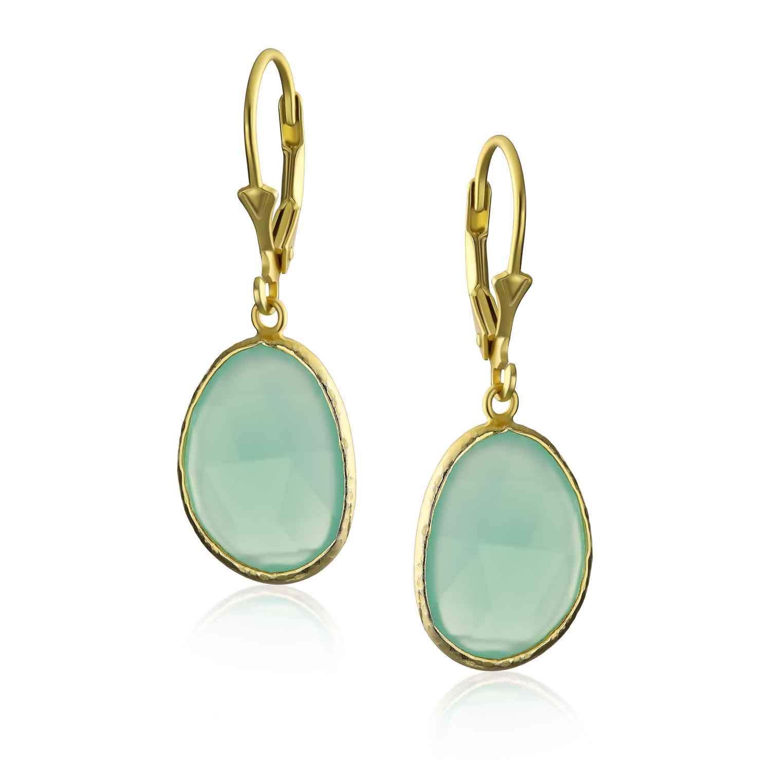 Eleganter Ovaler Facettierter Pastellstein Mit Hängefassung: Lever-Back-Ohrringe Und Halskette - Rosa, Aqua, Mintgrün, Simulierter Chalcedon, 14 Karat Vergoldetes .925 Sterling Silber