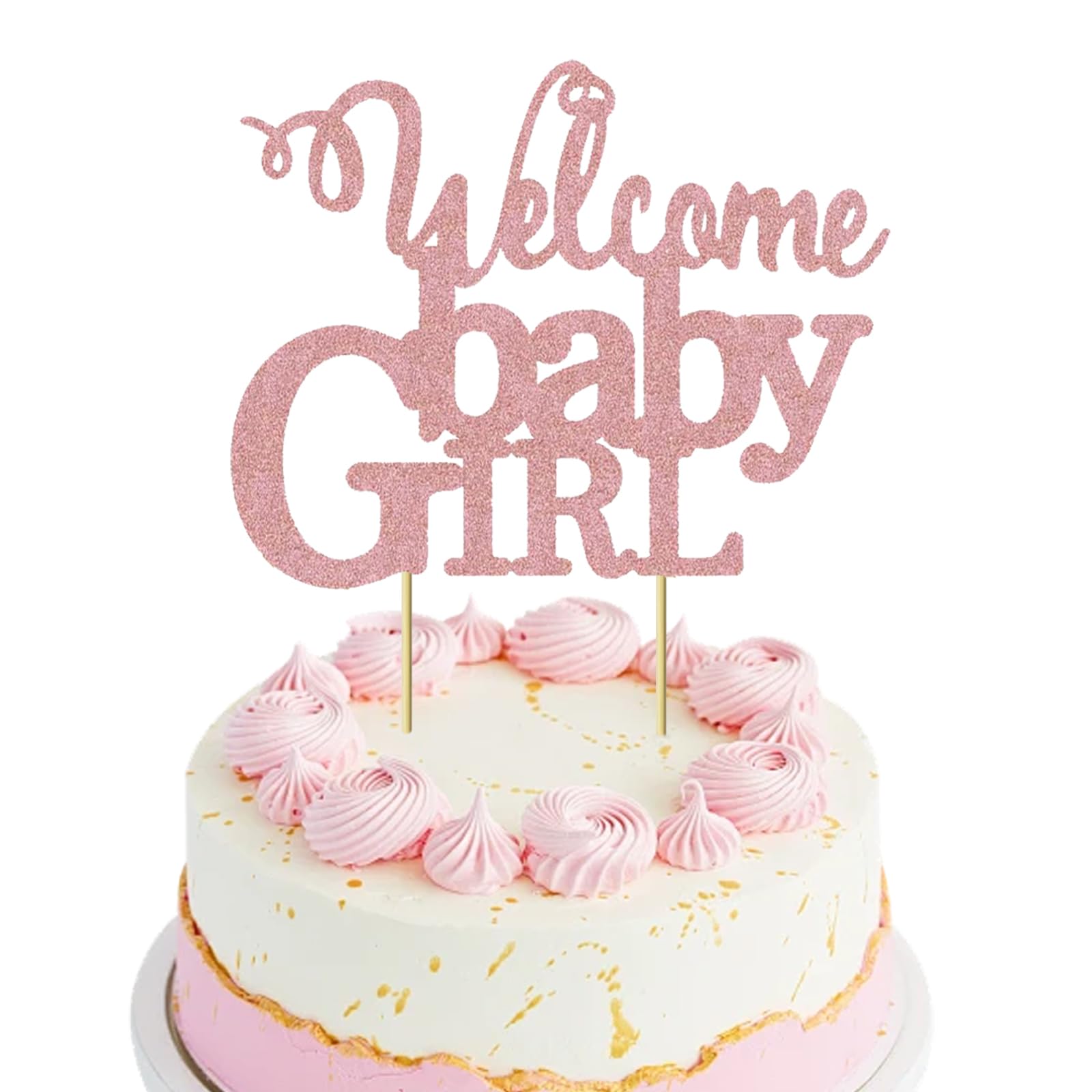 VGRDTW 1 Pack Baby Girl Cake Topper, Gender Reveal Cake Decoration, Glitter Pink Baby Shower Cake Picks, Welcome Baby Girl, Photo Booth Props, Party Supplies for Newborn Celebrations