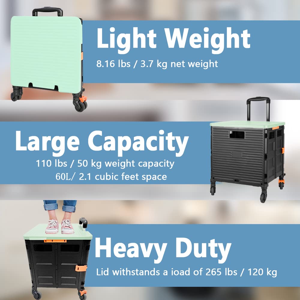 Carrello Spesa Pieghevole 4 Ruote, 1.93Cu ft/100Lbs Alta Capacità Tirante Retrattile in Acciaio Inossidabile Ruote Girevoli a 360° Rimovibili per Picnic Viaggiare Conservazione, Verde