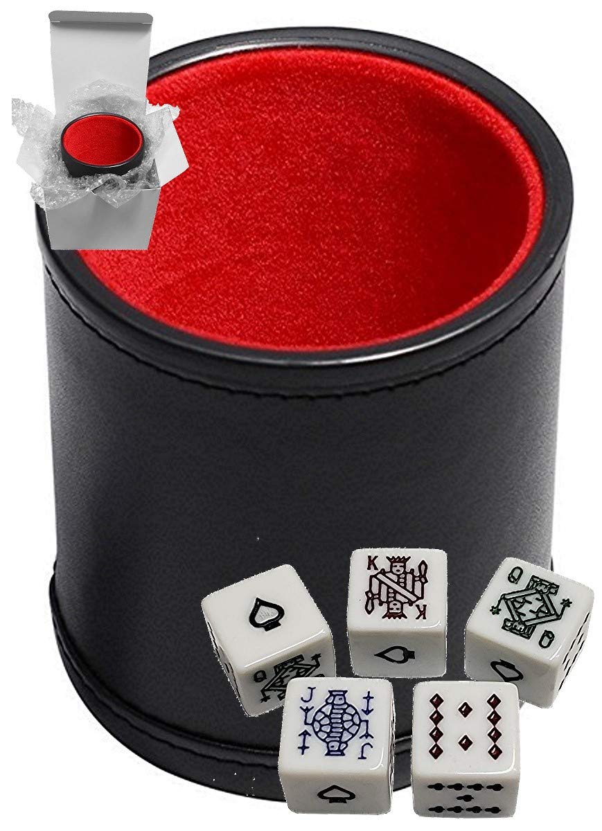 Juego de dados de piel sintética negra con forro de fieltro rojo de felpa + dados de póquer de color blanco cuadrado picas as as (caja de regalo)