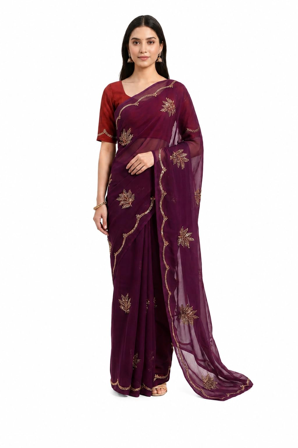 Elegant green georgette saree featuring beautiful gold sequin leaf embroidery and a stylish scalloped border. Perfect for weddings, parties, and festive occasions. Comes with a matching blouse piece.-picture-17