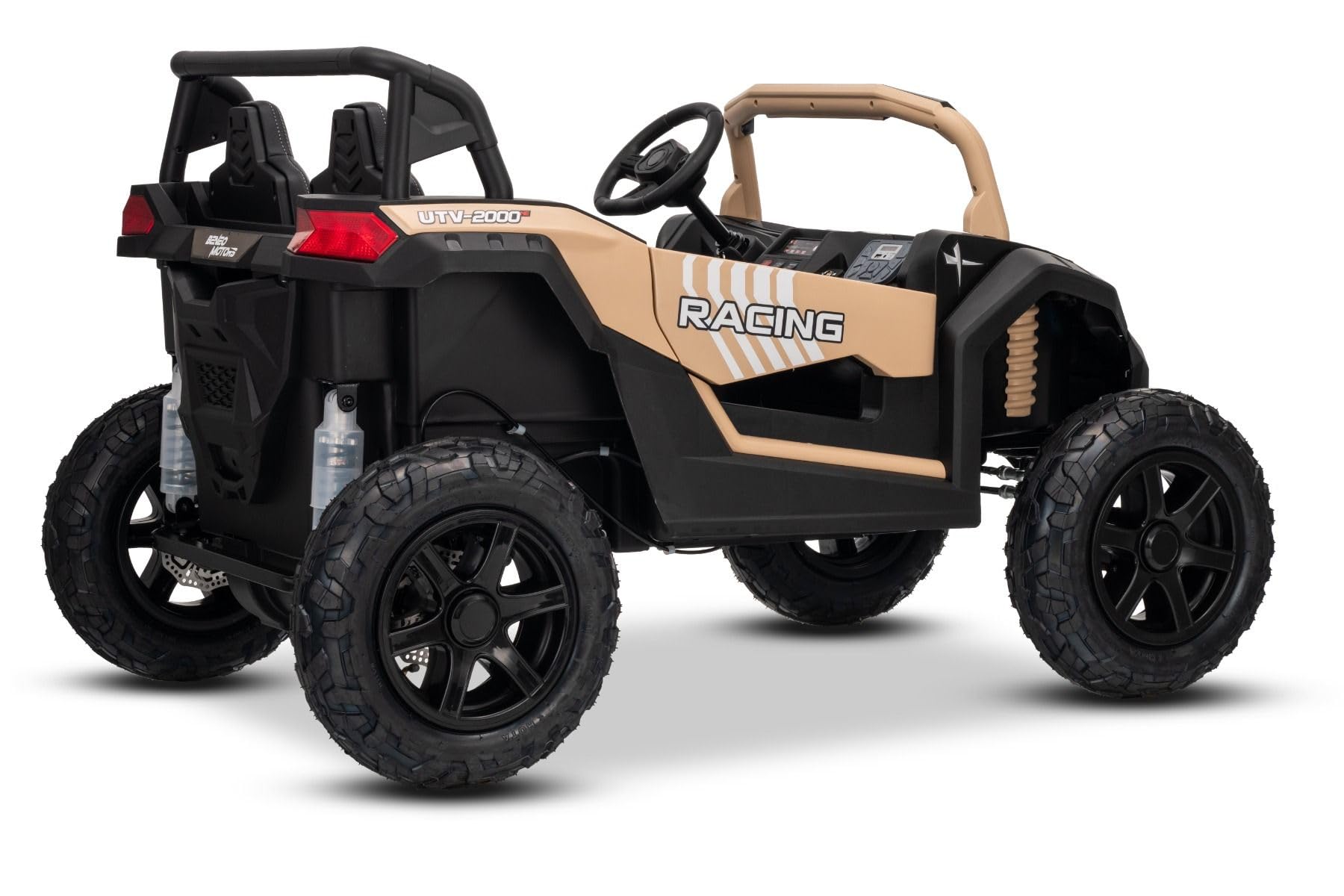 UTV XXL 24 V elektryczny samochód pedałowy, khaki, dwumiejscowy silnik różnicowy, nadmuchiwane gumowe koła, wiszące tylne osie, hamulce tarczowe, wyściełane siedzisko, regulowana kierownica, Bluetooth