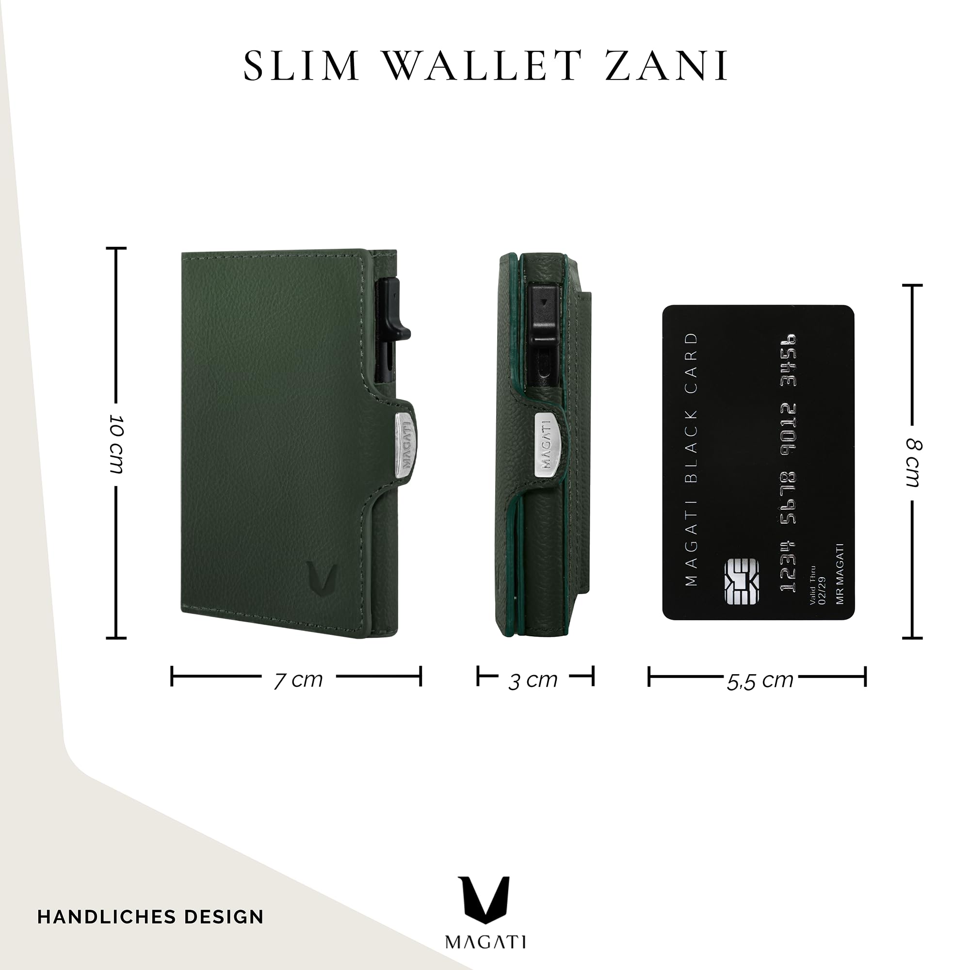 MAGATI Slim Wallet Zani aus Leder mit Fundservice, Kartenetui - Geldbörse mit Münzfach & RFID Blocker, Portmonee mit Kartenhalter & Geldscheinfach, Grün