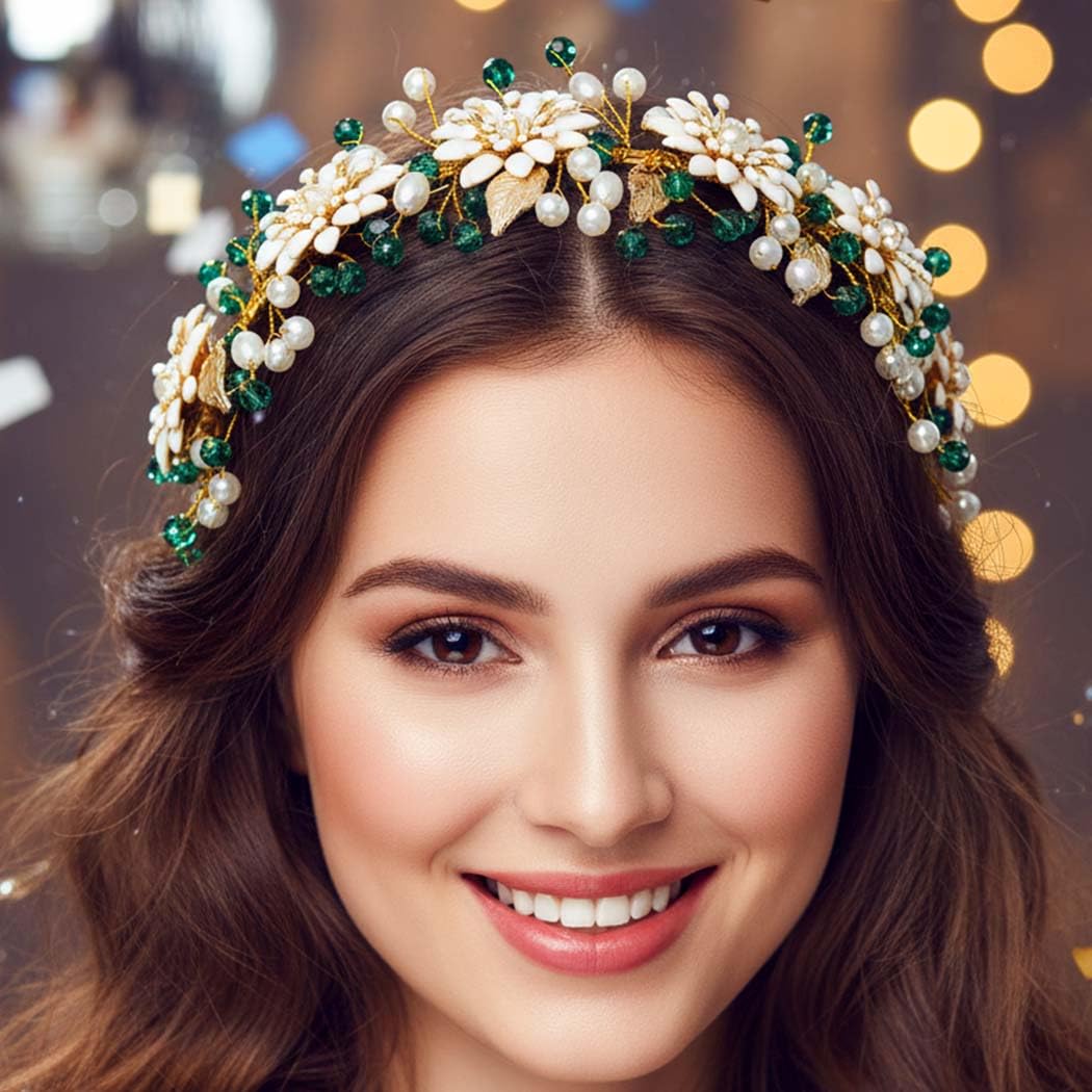 Urieo Cerchietto per capelli da sposa con fiore verde con cristalli, accessorio per capelli da donna