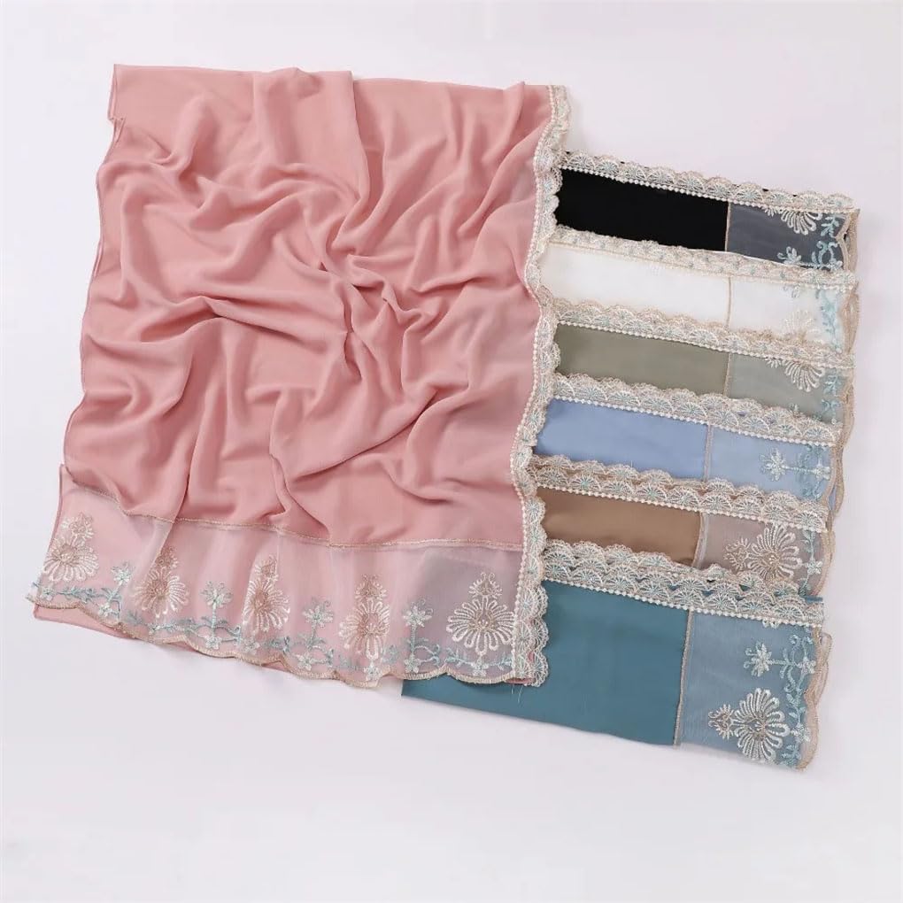 Bufanda de gasa de 70 x 175 cm, chal largo con encaje bordado floral para mujeres musulmanas musulmanas