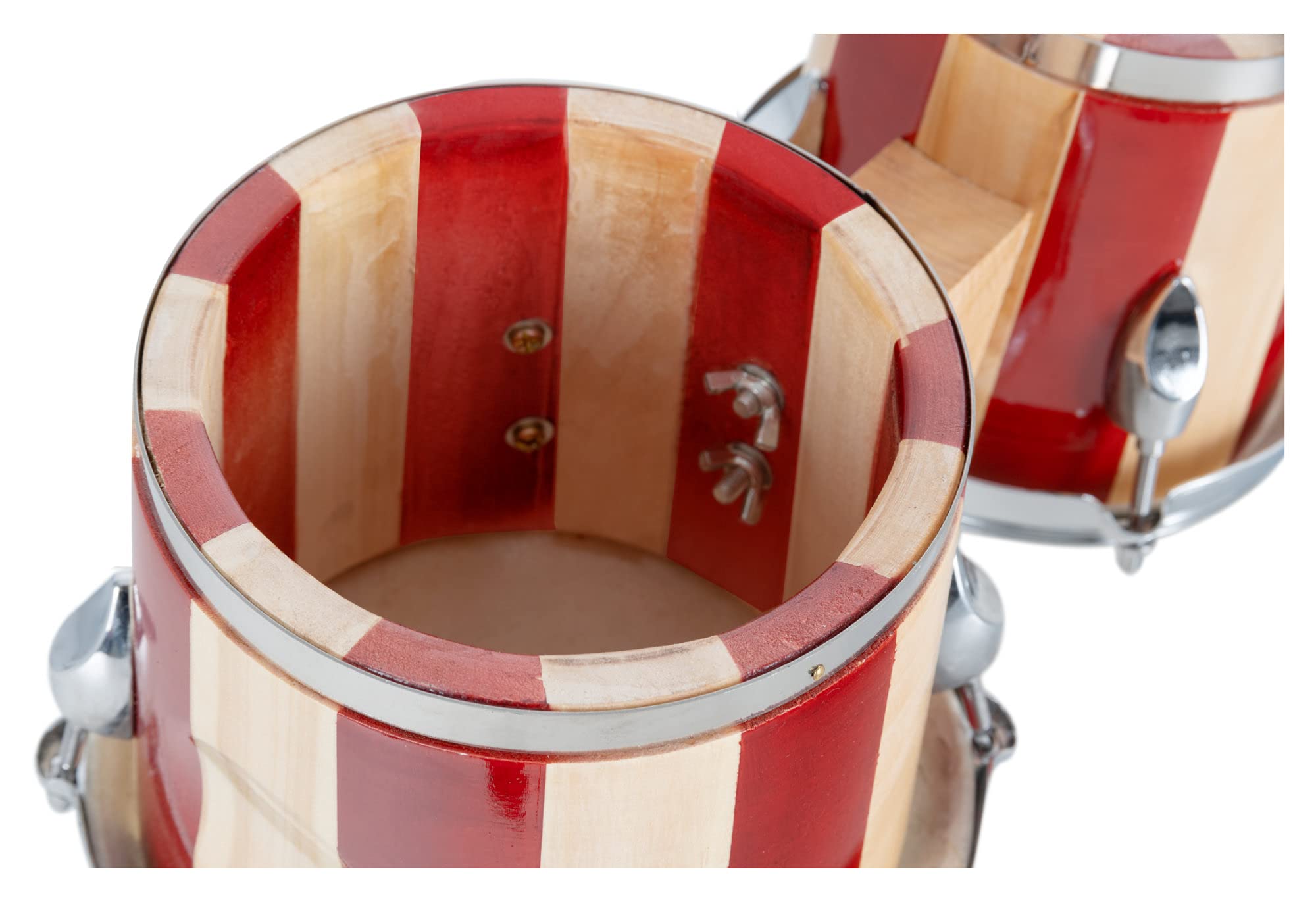 XDrum Bongós Retro: 2 tambores de 16,5 cm y 19 cm con parches naturales afinables, llave de afinación y bolsa. Tambores de madera natural con franjas rojas.