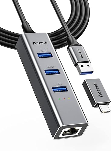 Aceele Adaptador USB a Ethernet, USB C a Ethernet, 3 puertos de aluminio USB 3.0 Hub con adaptador RJ45 101001000 Gigabit Ethernet, adaptador de red