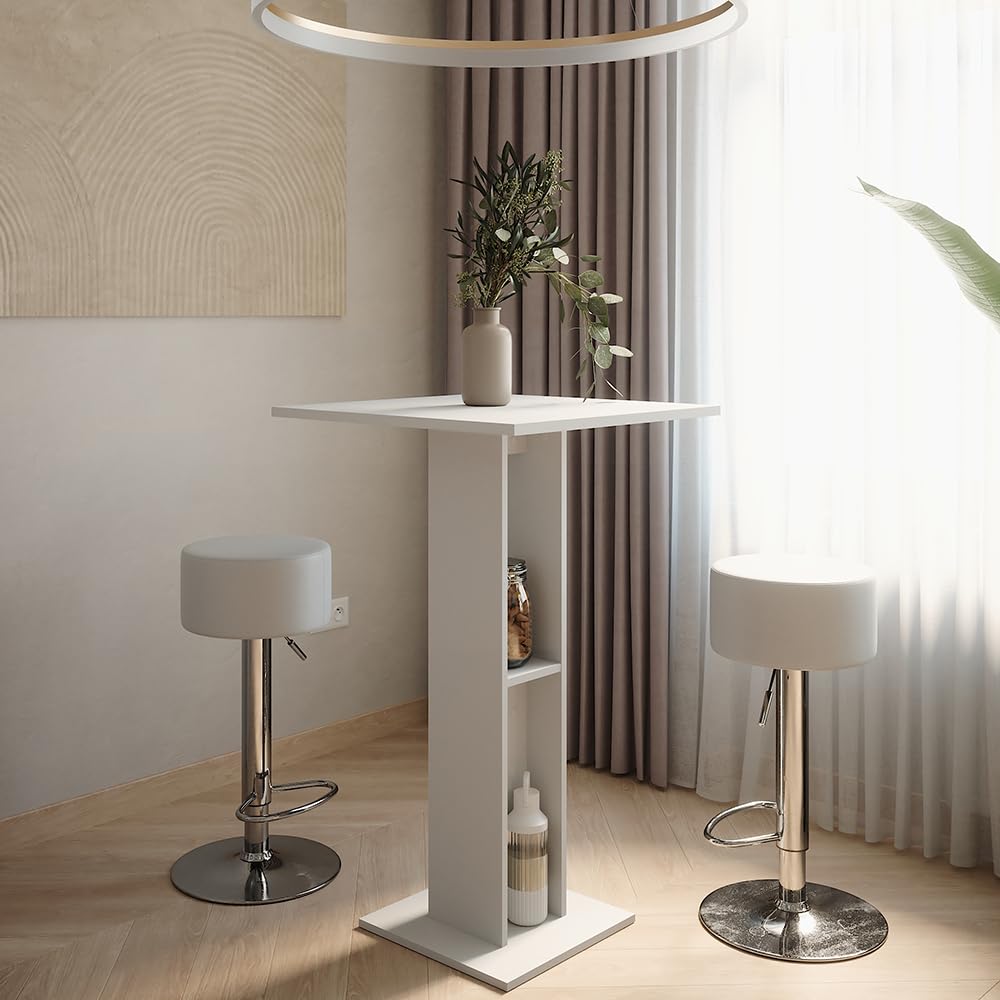 Vicco Set de Table de Bar Repose, Blanc, 65x65cm avec 2 tabourets de Bar, avec étagère latérale pour Le Rangement des Bouteilles et des Verres