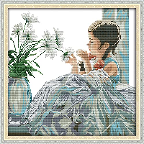 Kit broderie point de croix imprimé Fleur de fille canevas loisirs créatifs adulte 40x50